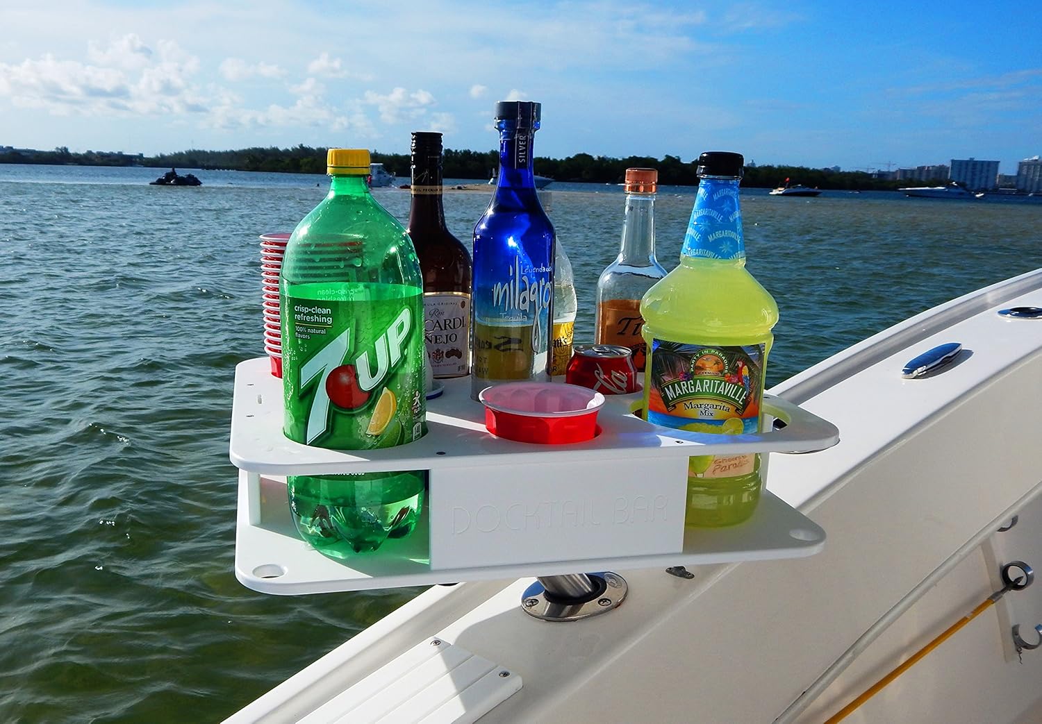 Docktail Bar Boat Caddy Organizer - Portable Bar Table with Rod Holder Mount, Cup Holders, Boat Storage Accessories