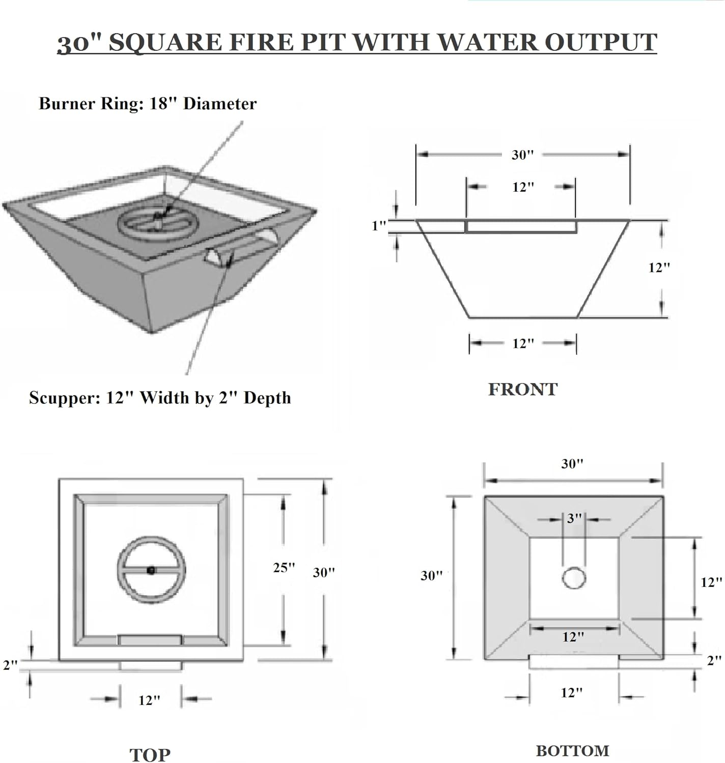 30 Inch Hammered Copper Water Bowl Fountain Square Propane or Natural Gas Fire Pit with 18 inch Diameter Burner Ring 147,000 BTU