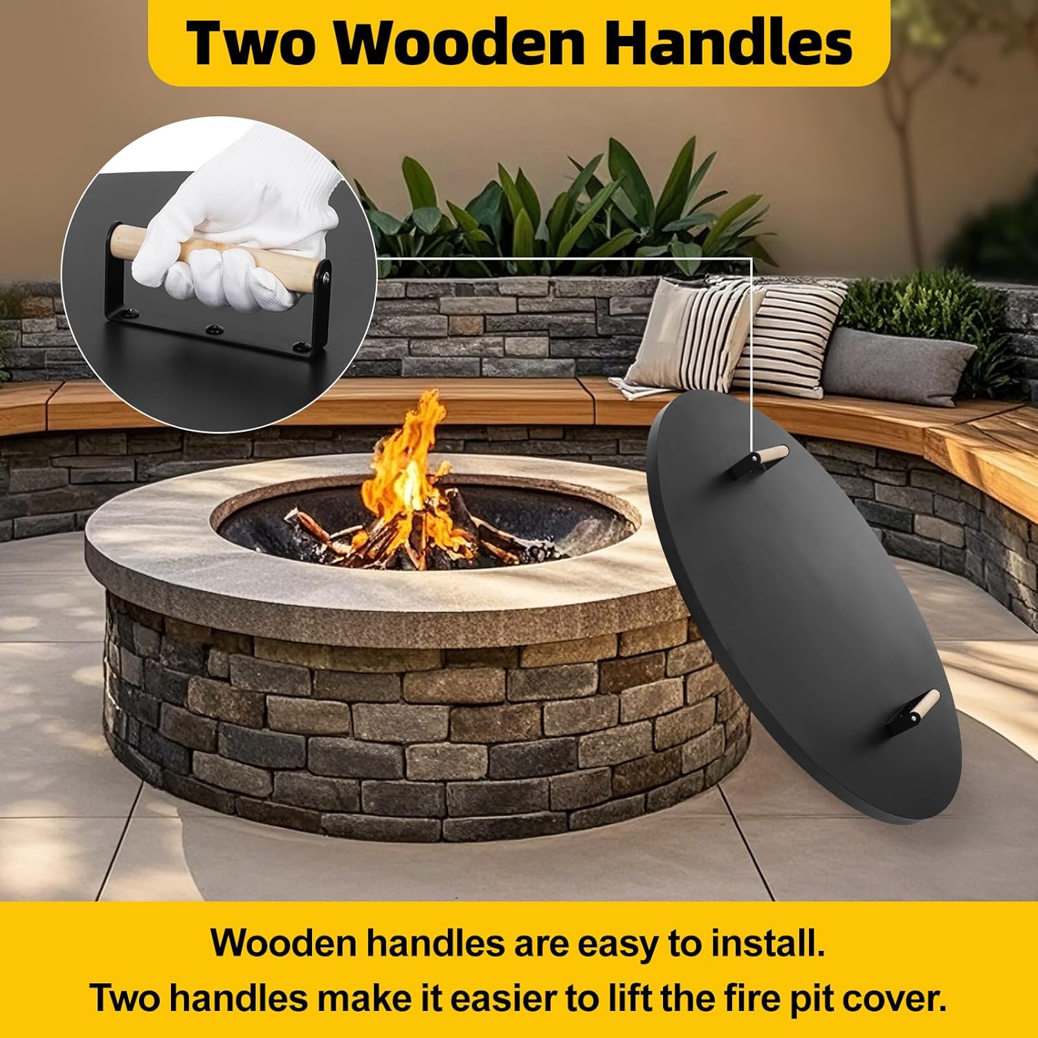 G GOOD GAIN Firepit Lid Round 38 Inch - Rust Resistant Fire Pit Lid Cover with Wooden Handle & Gloves, Fire Pit Snuffer Lid for Courtyards, Patio, Winter Cold Protection. Fits Fire Pits Up to 36
