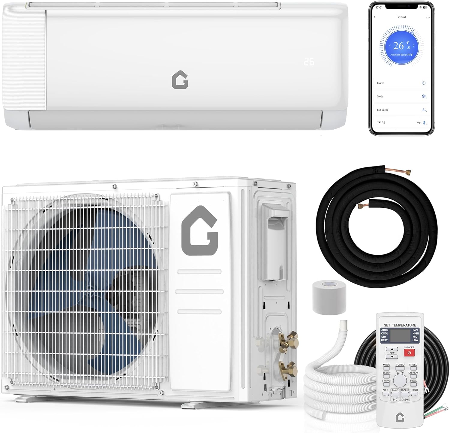 12000 BTU Mini-Split Air Conditioner & Heat Pump System, Cooling and Heating Up to 750 Sq. Ft, 22 SEER2 Smart Inverter Energy Efficient Ductless AC, Easy Installation Kit Included, Quiet Operation
