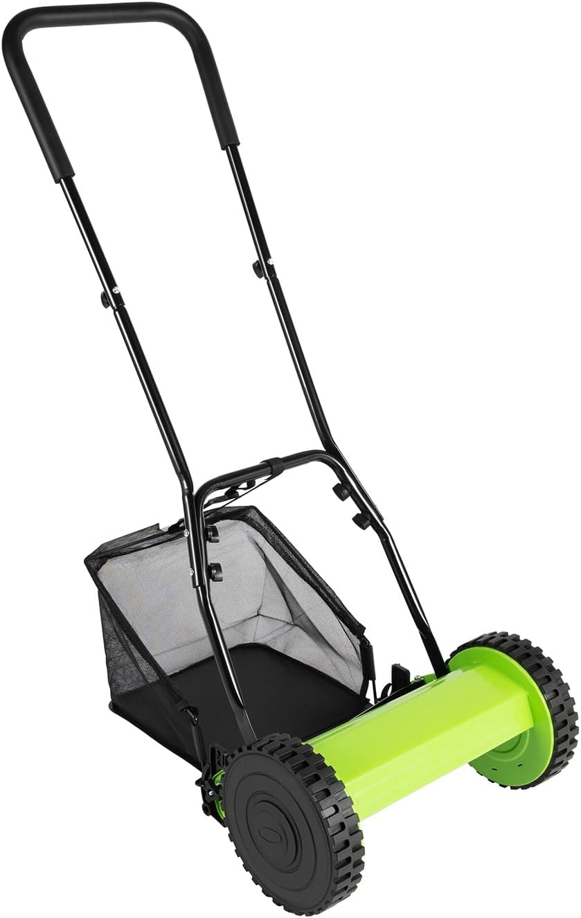 12In Manual Lawn Mower with 6-Gal Grass Catcher 5 Manganese Steel Blades Adjustable Height Rust-Proof Push Reel Lawn Mower for Gardens, Yards, Parks