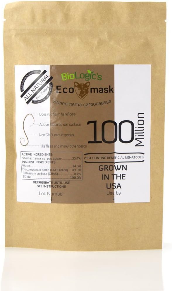 BioLogic All-Natural Pest Control Ecomask - 1 Billion Steinernema carpocapsae (Sc) Beneficial Nematodes for Fleas, Armyworms, Cutworms and More - Pet, Plant and Family-Safe - USA Grown, Non-GMO