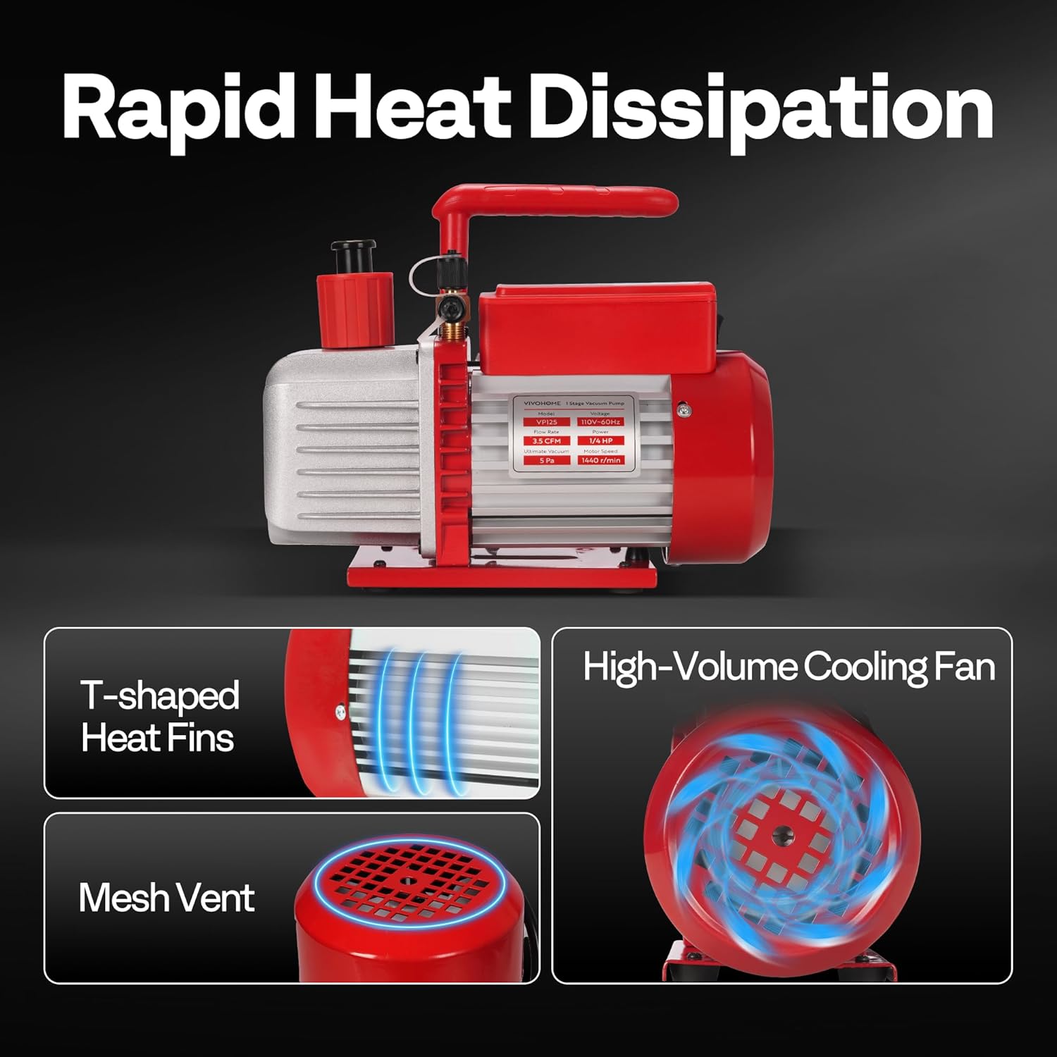 VIVOHOME 110V 1/4 HP 3.5 CFM Single Stage Rotary Vane HVAC Vacuum Pump and 3 Way AC Manifold Gauge Set with 4ft Hoses & Accessories for Auto Air Conditioning Refrigeration Recharging, Red