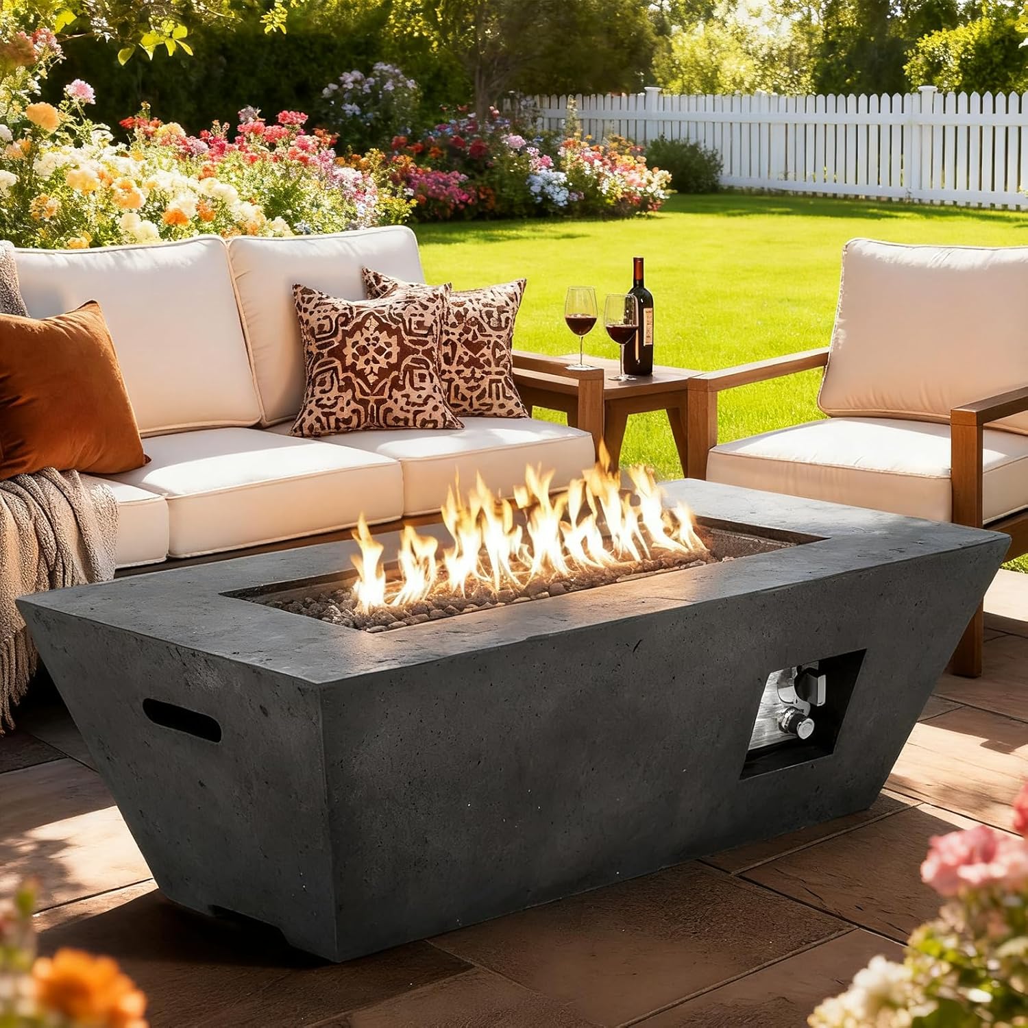 ECOTOUGE Trapezoid Gas Fire Pit, 42'' Outdoor Propane Firepit Table Set w/Side Handles, Auto-Ignition Steel Fire Table, 50,000 BTU Concrete fire Pit, Weather-Resistant Pit Cover,smokeless, Black