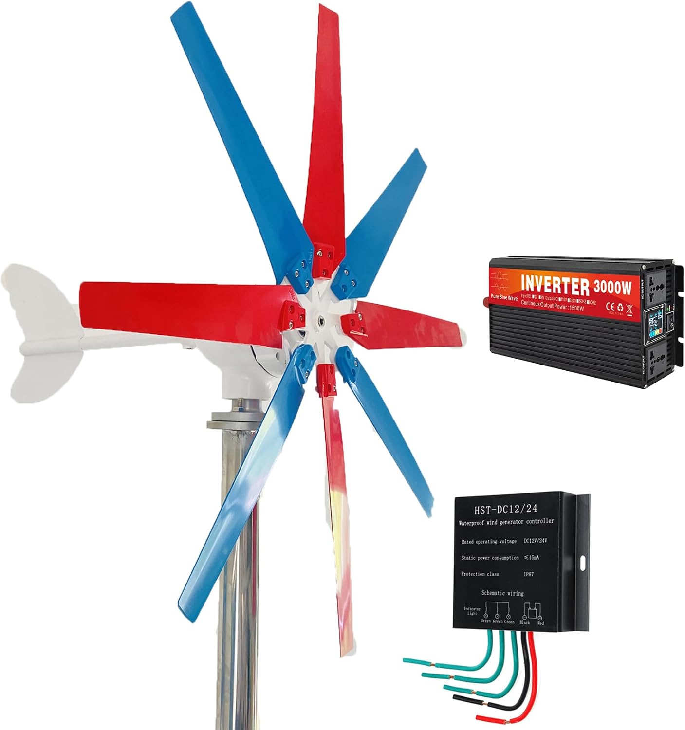 3000W Low Noise Vertical Axis Wind Turbine 12V 24V 48V 8 Blades Wind Turbine Generator Power with Waterproof Charger Controller and Inverter