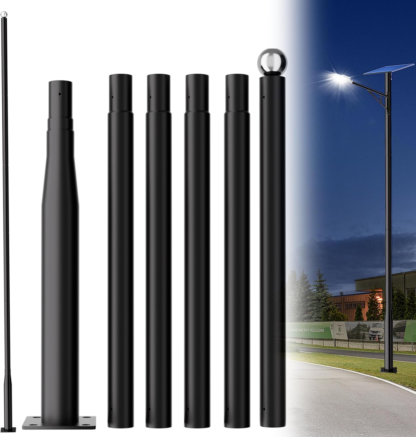 Street Light Pole 20ft, Adjustable Outdoor Light Pole for Garden, Yard, Driveway with Rebar Cage Base, Heavy-Duty Rust-Resistant Street Lamp Post for Landscape, Pathway (20FT)