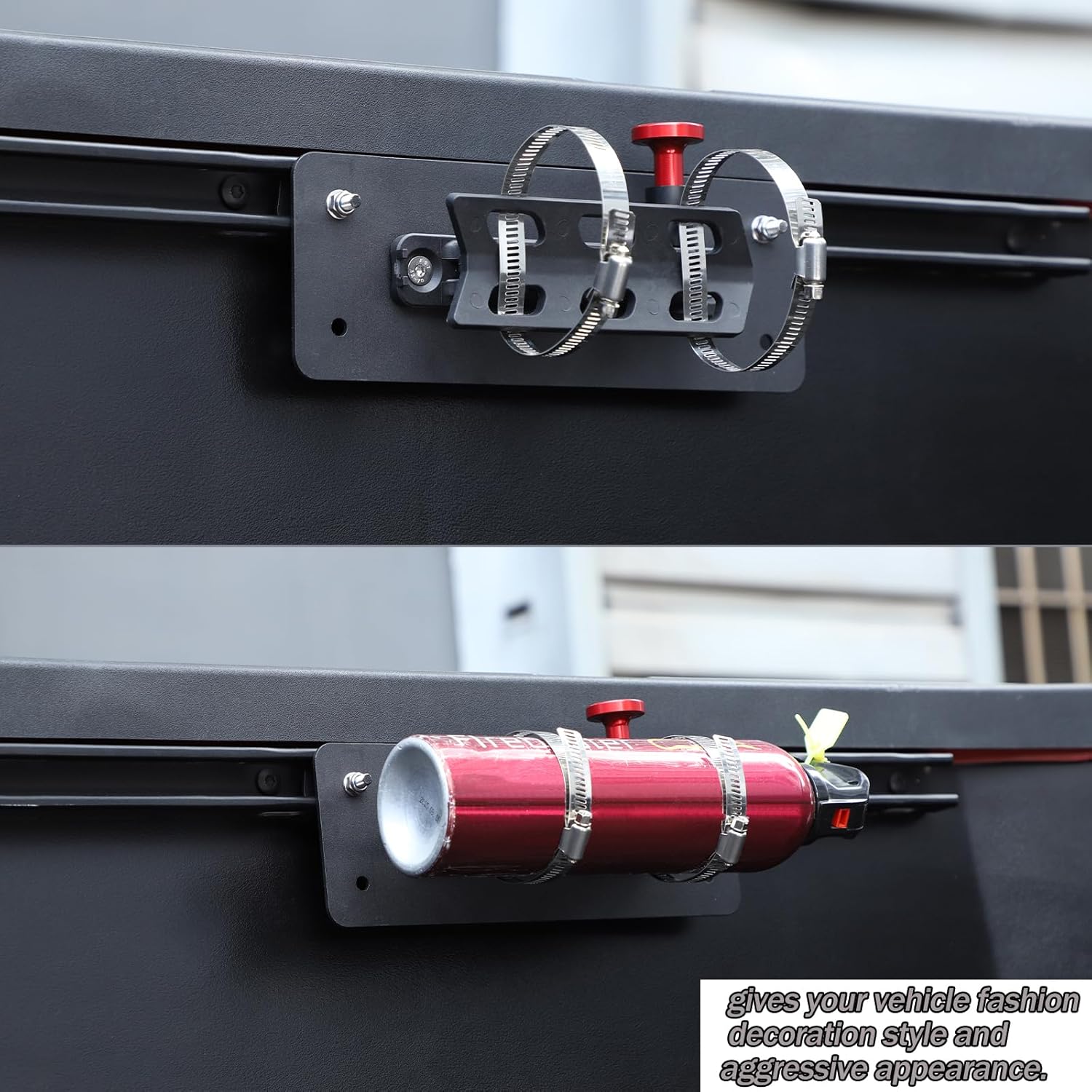 Lcojicep Fire Extinguisher Bracket Under The Truck Bed Rail Side Mount Compatible with Tacoma/Tundra 2016-2022 Car Adjustable Fire Extinguisher Bottle Tie Bracket Accessories