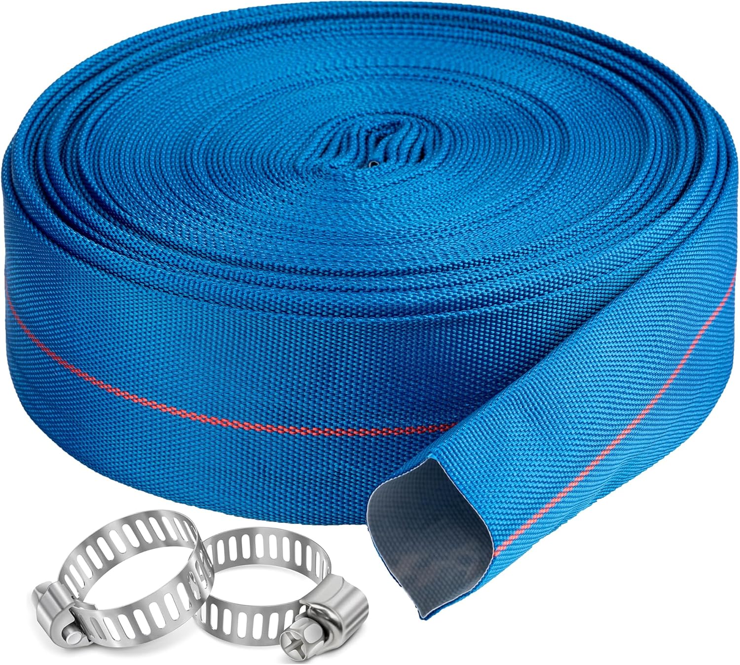 Pool Backwash Hose 3” × 100 ft Heavy Duty PVC Water Discharge Pipe Flexible Reinforced Pump Drain Hose, 3 in Diameter & 4.7 inch Width Lay Flat, with 2 Clamps (3in-100ft)
