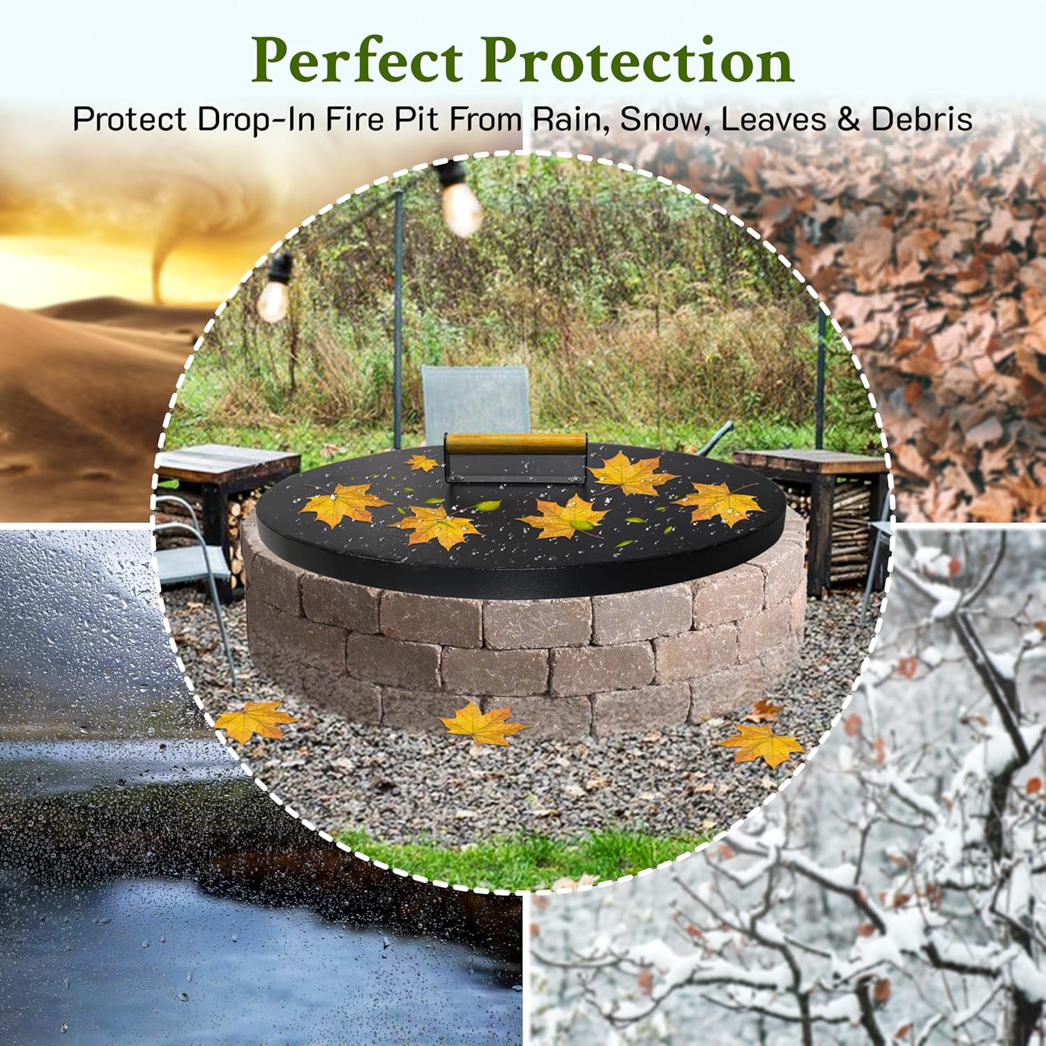 30” firepit lid Round for Inside up to 28” Gas fire Pit lid for Outdoor Fireplace Cover Lid - Steel fire Pit Metal Cover with Wooden Handle & Powder Coated Snuffer Lid for Round Patio Fire Pit Ring