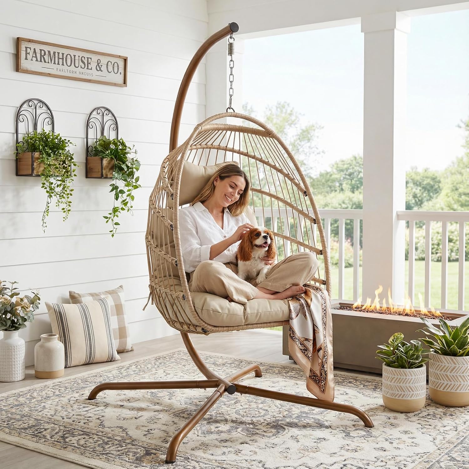 RADIATA Outdoor Swing Egg Chair with Stand, 350Lbs Heavy-Duty Wicker Egg Hanging Patio Chairs for Outside, Comfy Porch Swinging Chair with Thick Cushion Balcony Backyard Bedroom Indoor, Beige