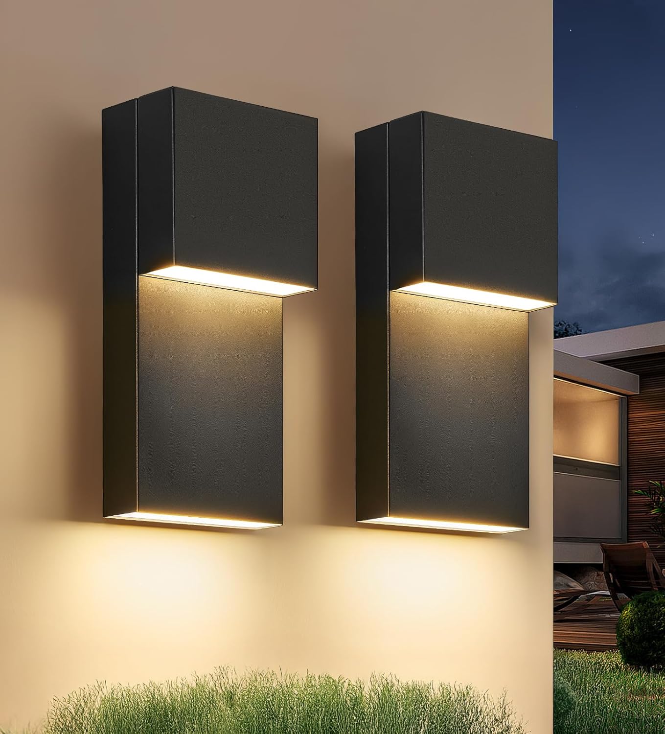 tewei Modern LED Outdoor Wall Sconce 20W Exterior Lighting Fixtures, Black Outside Lights for House Integrated LED Outdoor Wall Mount Lights for Front Porch Garage, Warm White 3000K, 2 Pack