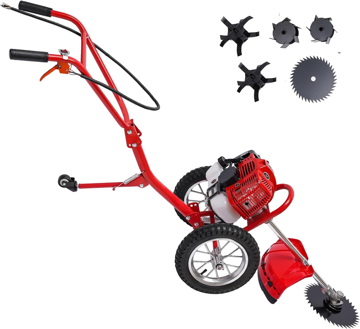2 Stroke 49CC Gas Walk Behind Brush Cutter, Gas Powered Hand Push Lawn Mower, Brush Mower Gasoline Brush Broom Sweeping Machine, Gas Brush Cutter String Trimmer for Yard
