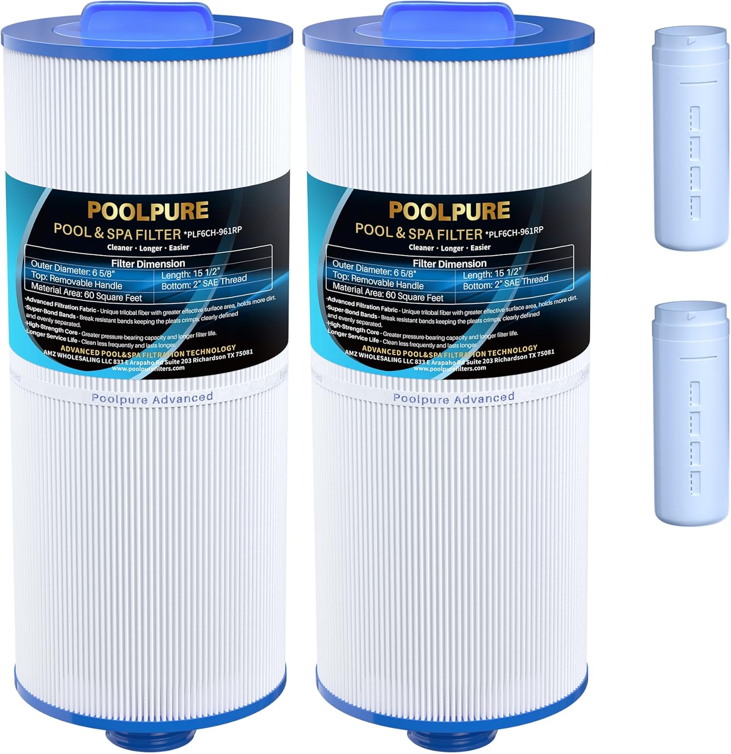 POOLPURE Removable Handle Spa Filter Replaces PJW60TL-OT-F2S, Jacuzzi Prem J300, J400, Unicel 6CH-961, 6541-383, 6540-476, 60 sq.ft Filter Cartridge with Built-in Dispenser, 2PACK