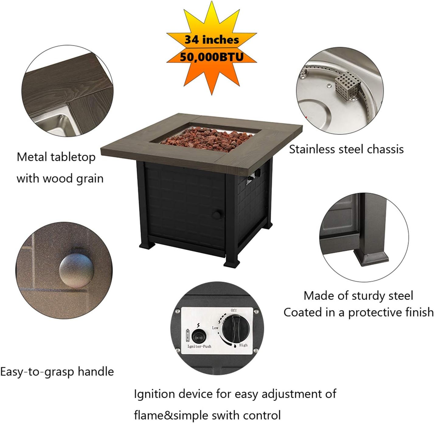 34 Inch Propane Fire Table Square Gas Fire Table Outdoor Firepit Black CSA Certification 50,000 BTU Auto-Ignition with Metal Tabletop, Bronze