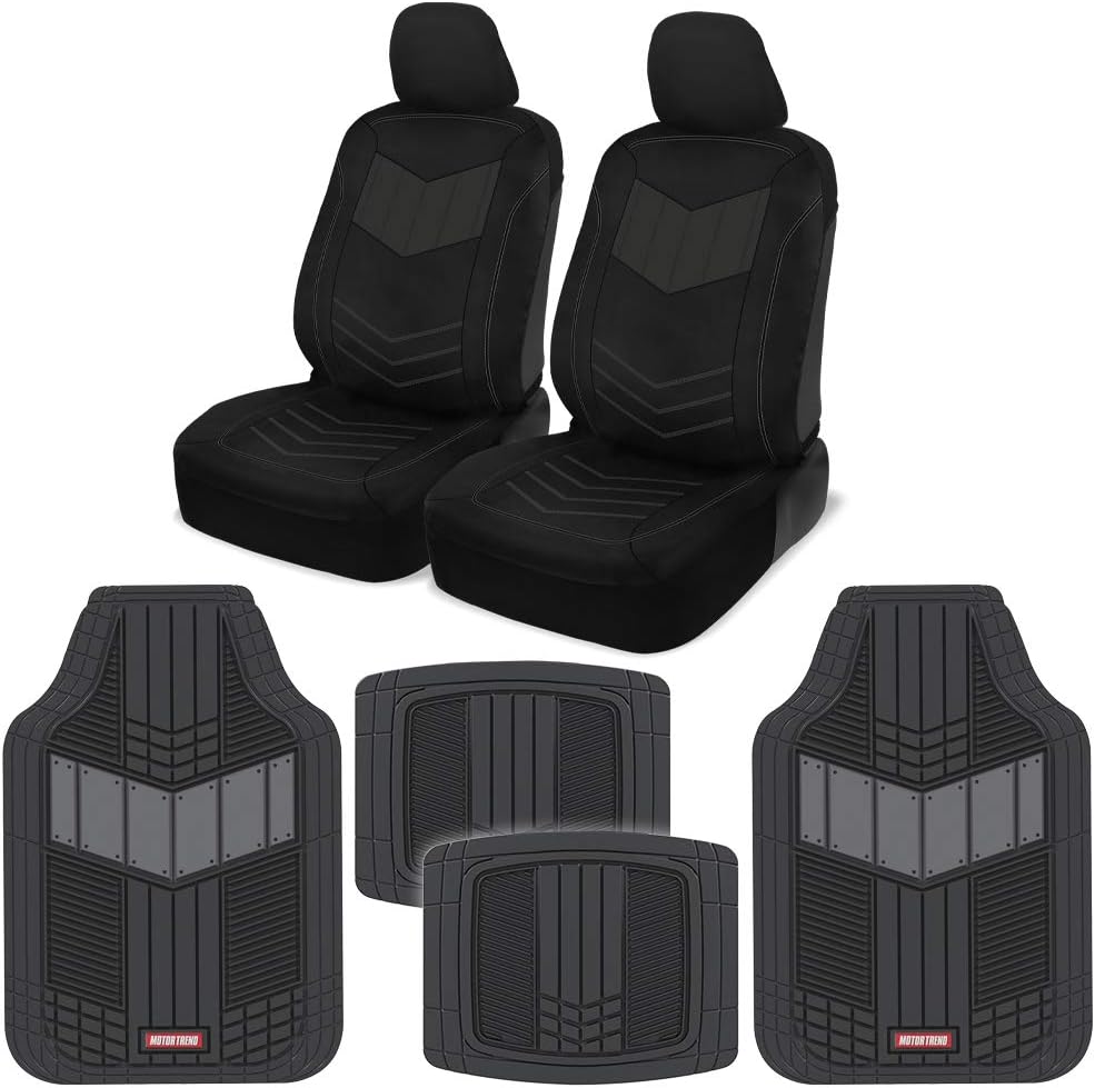Motor Trend Supersport Faux Leather Front Car Seat Covers and Heavy Duty Floor Mats Set (Front + Rear), Universal Fit for Cars Trucks Vans SUVs - Easy to Install, Soft Comfortable Feel - Charcoal
