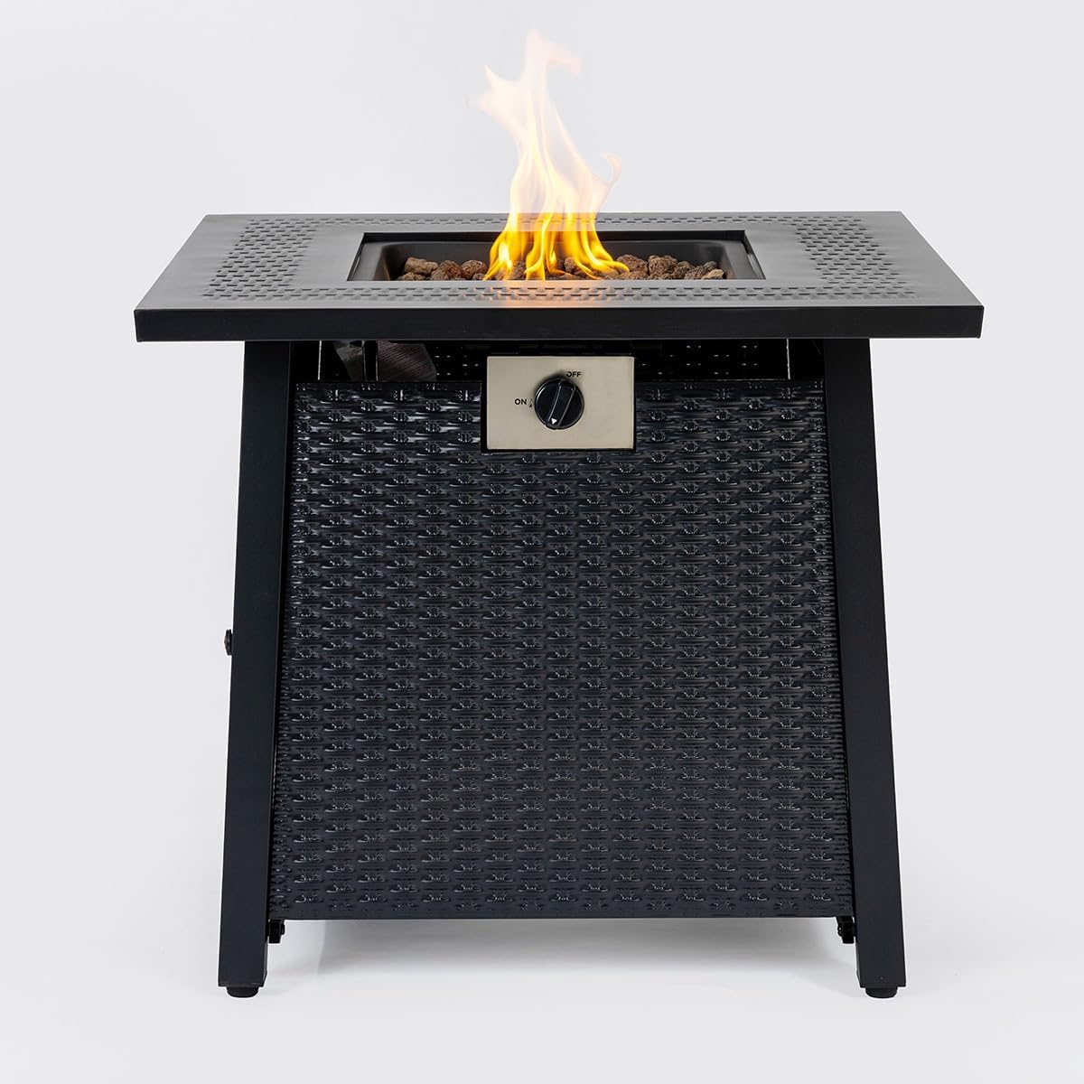 Outdoor Furniture Propane Fire Pit Table Square Tabletop Fire Pit with Wicker-Look Panels & Hidden Tank Storage Adjustable Flame Control Patio Deck Backyard
