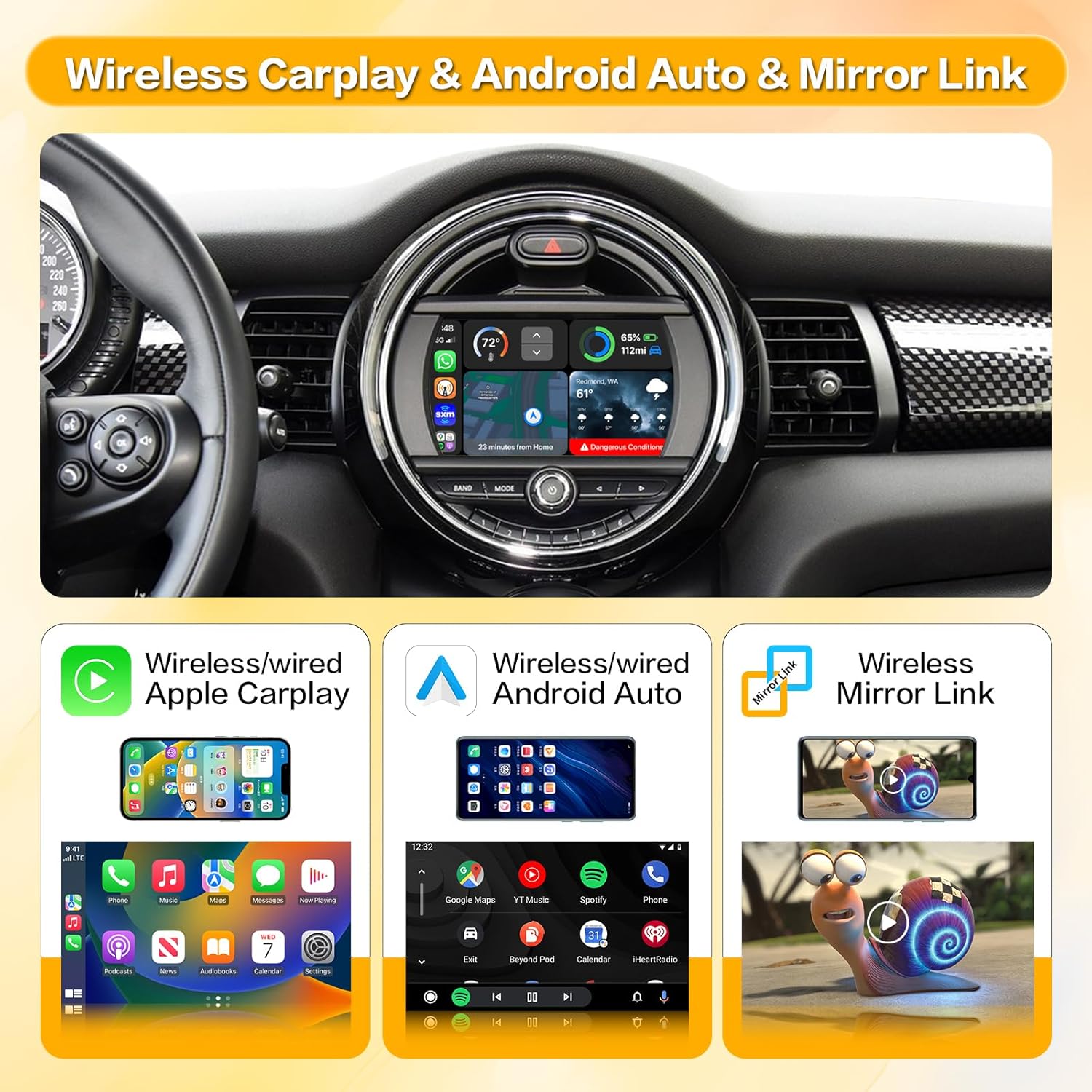 Carplay Wireless Decoder for BMW Mini 2014-2017 Year Car, Android Auto Retrofit Kit for BMW NBT System, Support Wireless Android Auto, YouTube,Mirrorlink, Reverse Camera