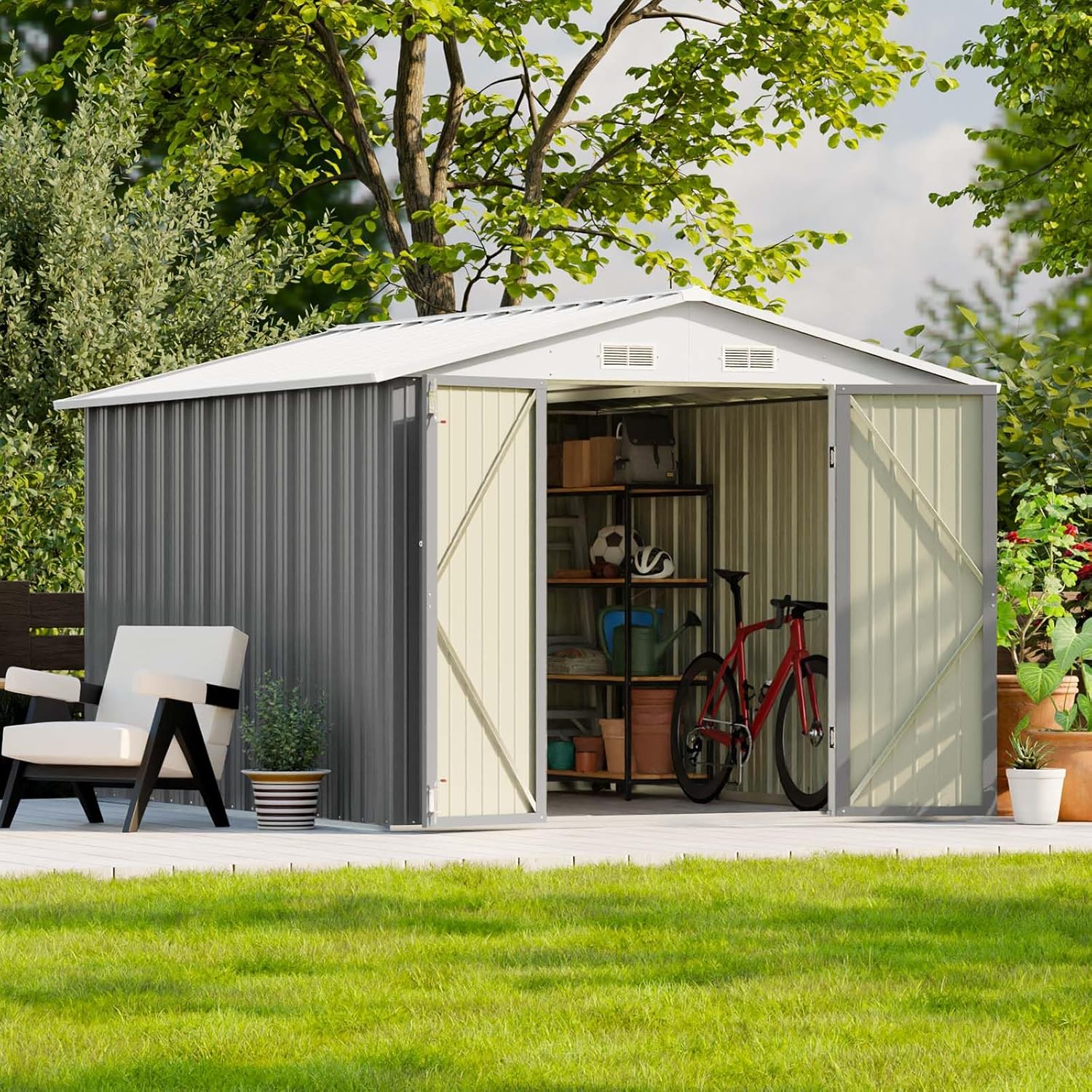 Patiowell 8x10 FT Outdoor Storage Shed, Large Garden Tool Metal Shed with Sloping Roof and Double Lockable Door, Outdoor Sheds for Backyard Garden Patio Lawn,Grey