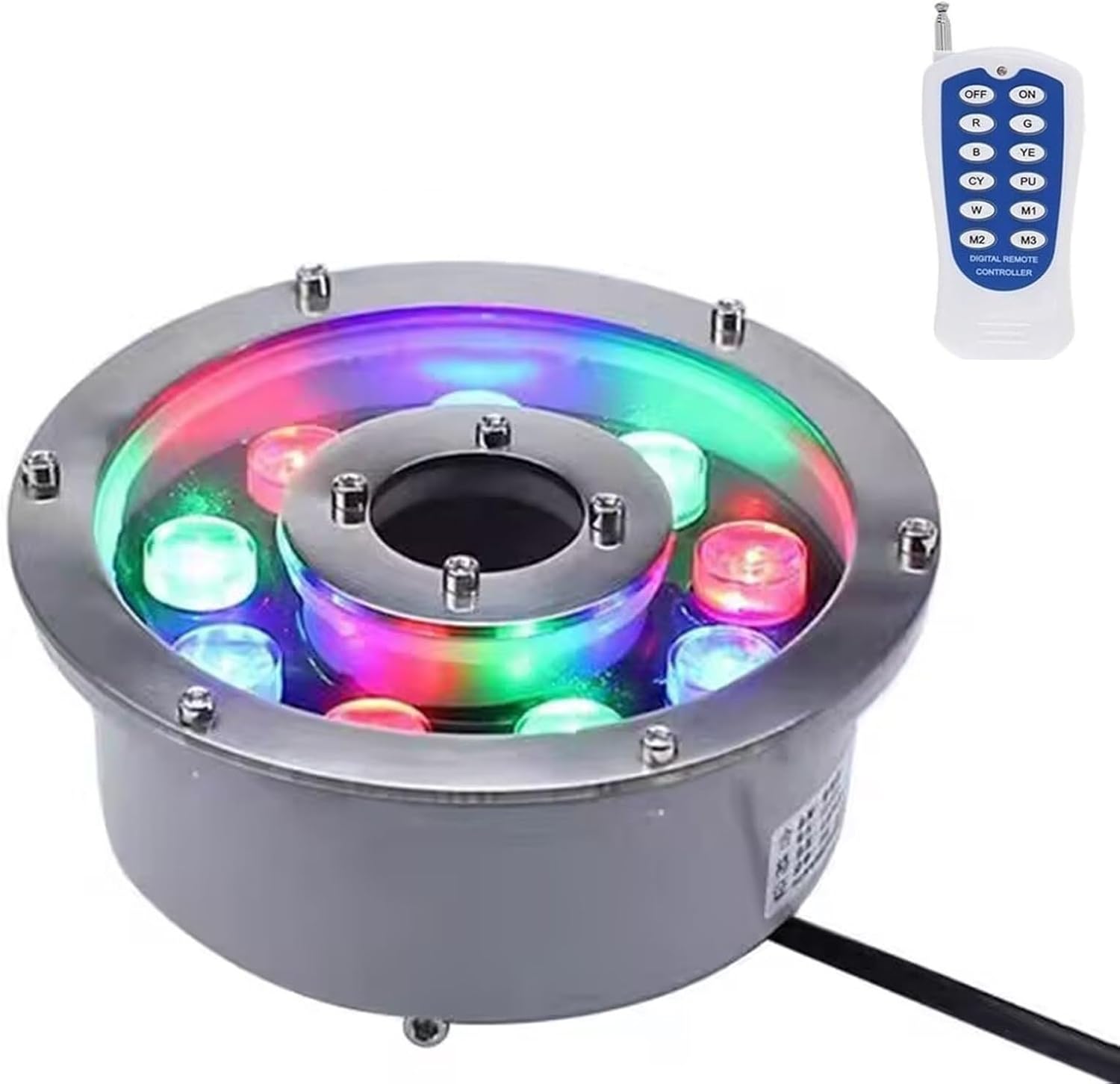 Submersible RGB Lights - LED Ring Fountain Light, IP68 Waterproof Built-in Fountain Pool Spotlight, 12/24V Stainless Steel Color Landscape Lights, with Remote Control Underwater Light(24W(12V))