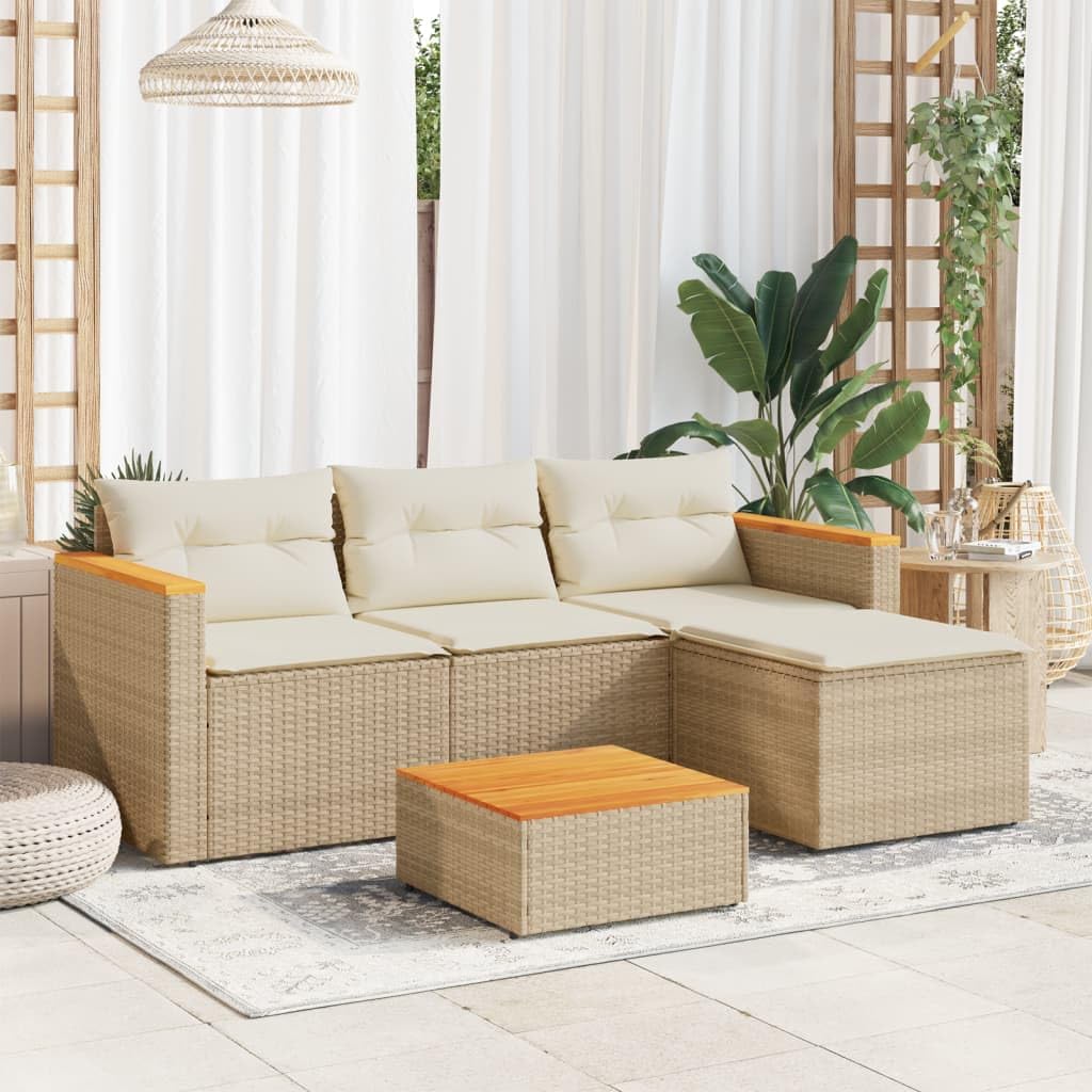 3 Piece Patio Sofa Set with Cushions Beige Poly Rattan,Elegant Outdoor Furniture Set with Rattan Weaving and Acacia Wood Table for Patio, Garden, or Terrace Furniture Sets for Patio, Lawn & Garden