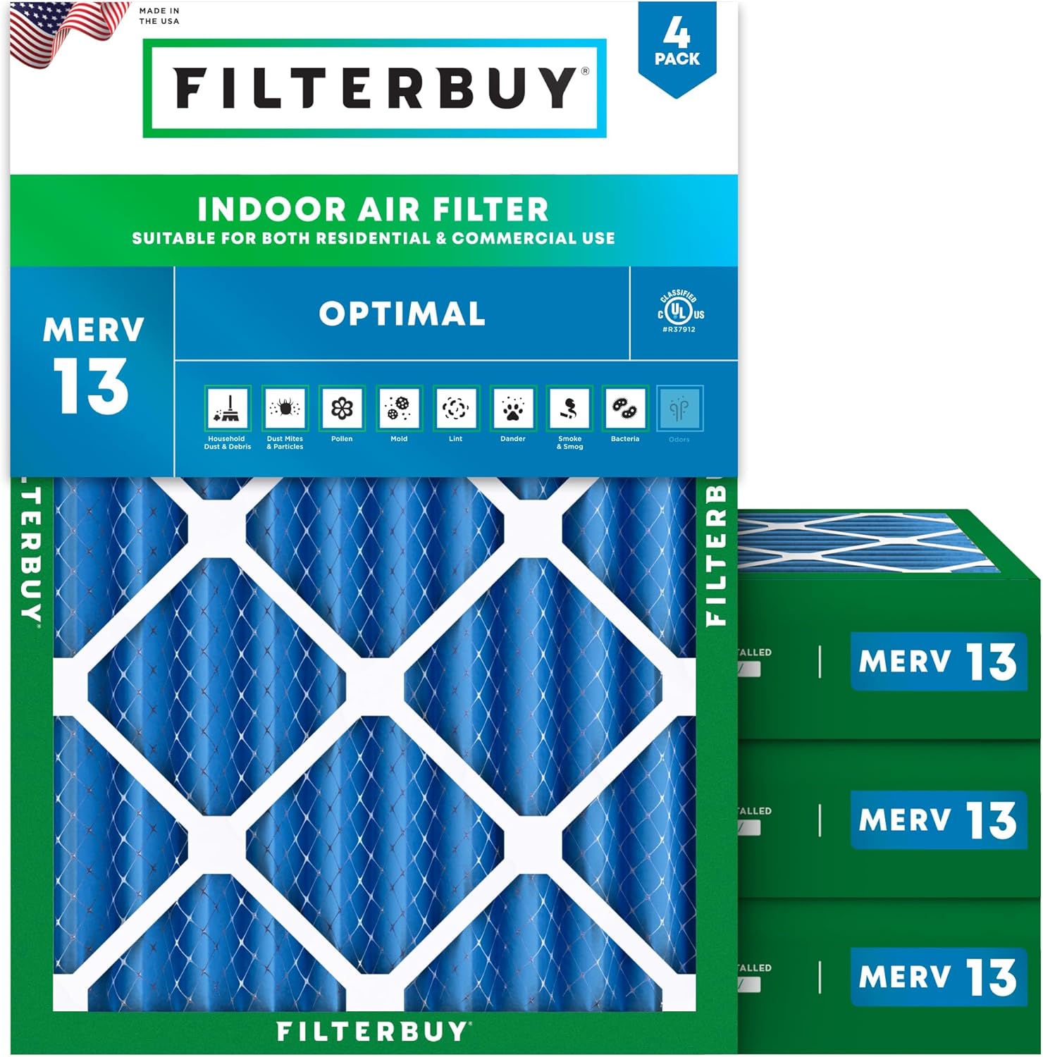 Filterbuy 24x28x4 Air Filter MERV 13 Optimal Smoke & Allergy Defense (4-Pack), Electrostatic Pleated HVAC AC Furnace Filters Replacement, Made in USA (Actual Size: 23.50 x 27.50 x 3.63)