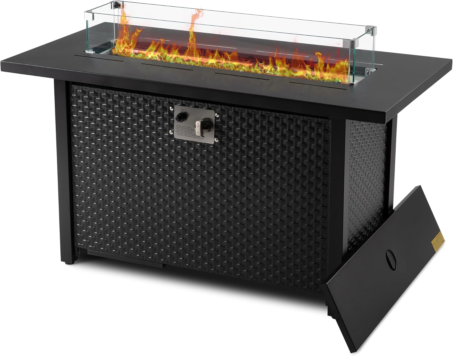 45 Inch Outdoor Propane Fire Pit Table with 200D Oxford Fabric Table Cover，50,000 BTU Gas Fire Pits for Outside Patio with Clear Blue Glass Wind Guard,Patio Fire Pit Table Iron Tabletop&Frame，Black