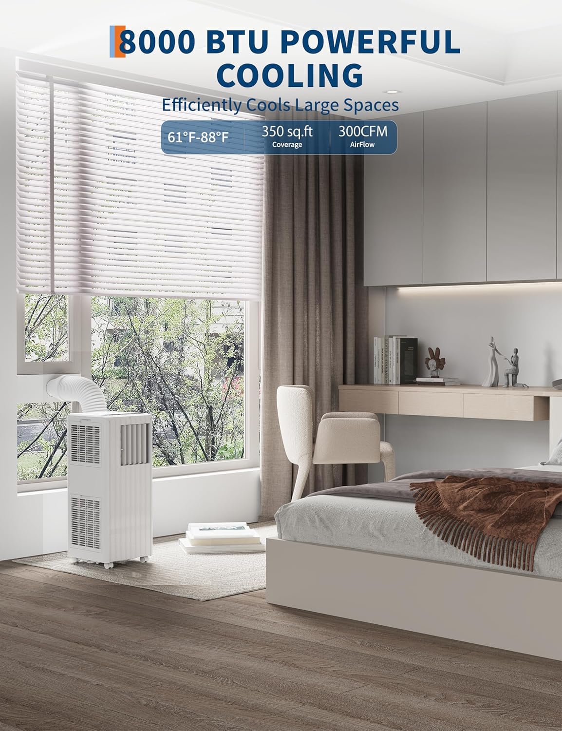 8000 BTU Portable Air Conditioner for Rooms up to 350 Sq. Ft, 3-in-1 Cooling, Dehumidifier & Fan with Quiet Operation, Efficient Cooling, Sleep Mode, 24-Hour Timer & Remote Control, White