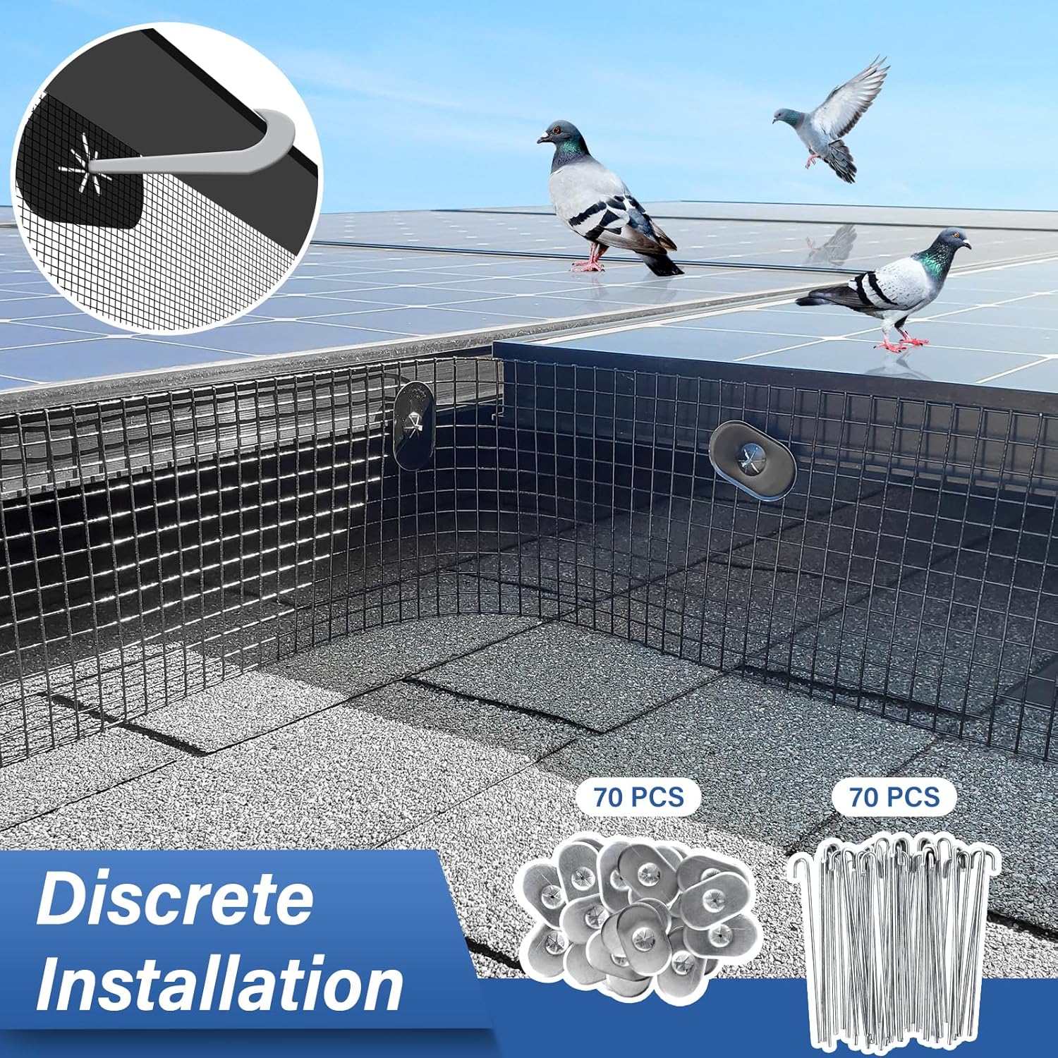 Solar Panel Bird Guard,8in x 100ft Critter Guard Galvanized PVC Coated Mesh Roll Kit,Black Pigeon Solar Panel Mesh with 70 Fastener Clips, ½ inch Wire Critter Guard for Solar Panels