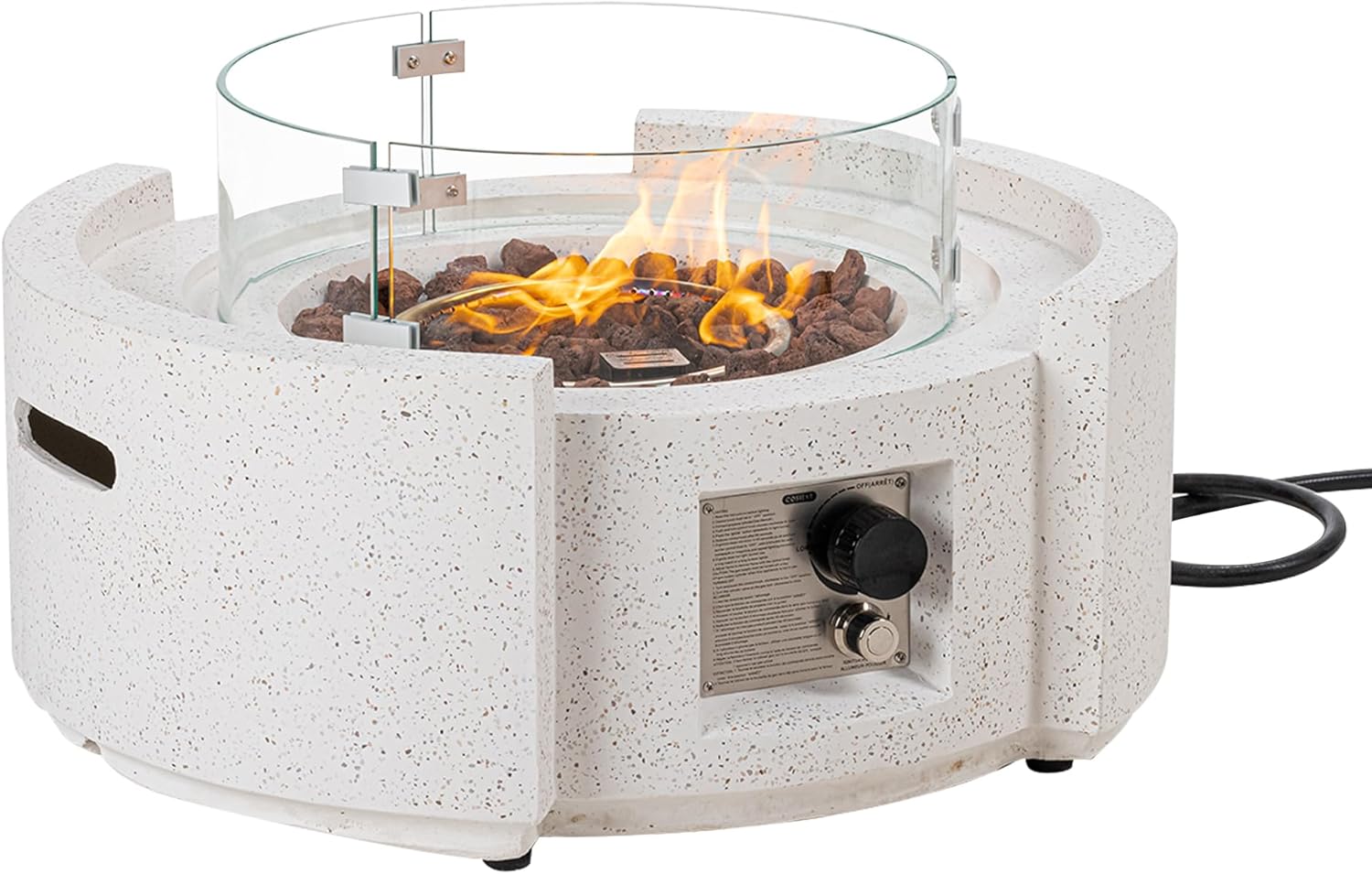 SUNBURY Outdoor Propane Fire Pit Table, 28 Inch Patio Gas Fire Table 50,000 BTU Modern Concrete Fire Pit for Outside in Spotted White w Glass Wind Guard, Lava Rocks