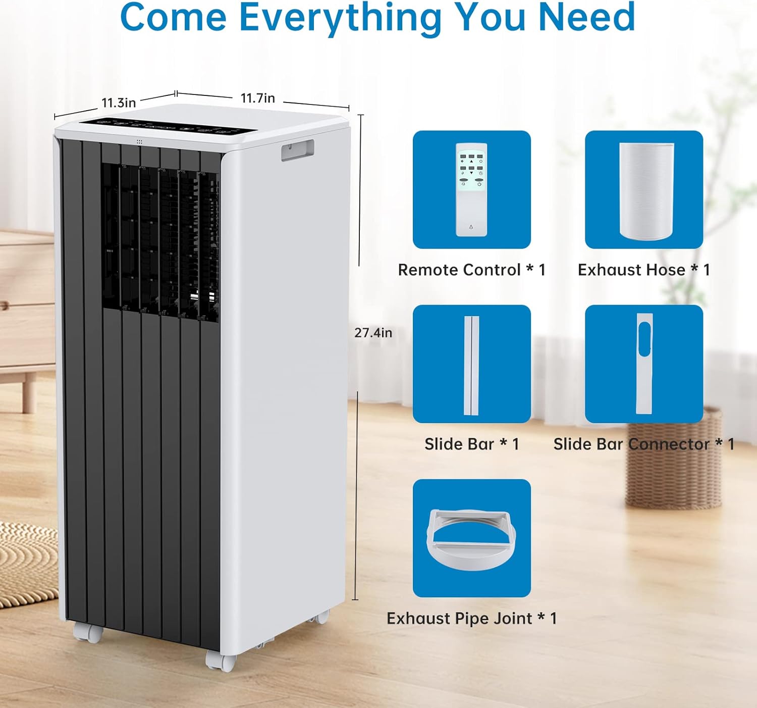 8000 BTU Portable Air Conditioner, 3 in 1 AC Unit Built-In Cool, Dehumidifier & Fan for Rooms Up to 350 Sq.Ft, Energy Saving AC with Remote/24H Timer for Dorms/Indoor Rooms, White and Black