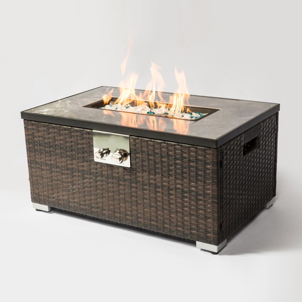 32 Inch Propane Fire Pit Table with Ceramic Tile Top and Wicker Base, 50000 BTU Outdoor Heater for Patio Garden Deck