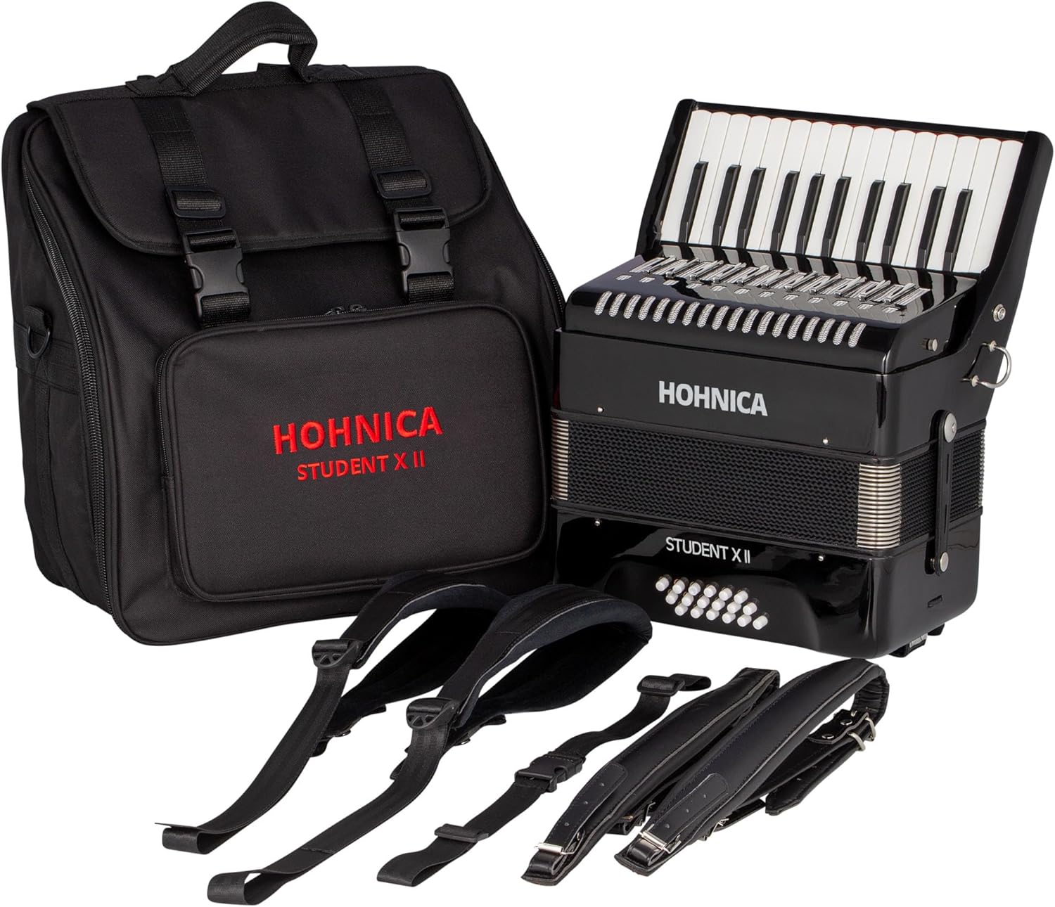 Hohner Hohnica Student XII 44-Key 18 Bass Piano Accordion - Black Bundle with Gig Bag, Adjustable Stand, and Austin Bazaar Polishing Cloth