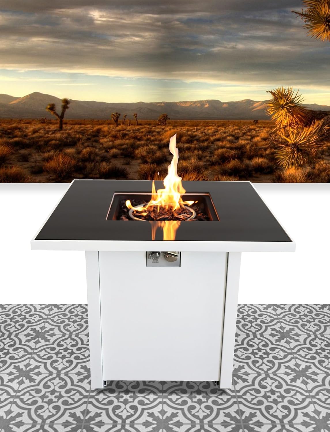 Penau 30 Inch White Steel Propane/Natural Gas Firepit Table - Push-Button Ignition, Dual Fuel Options, Modern Outdoor Garden Design