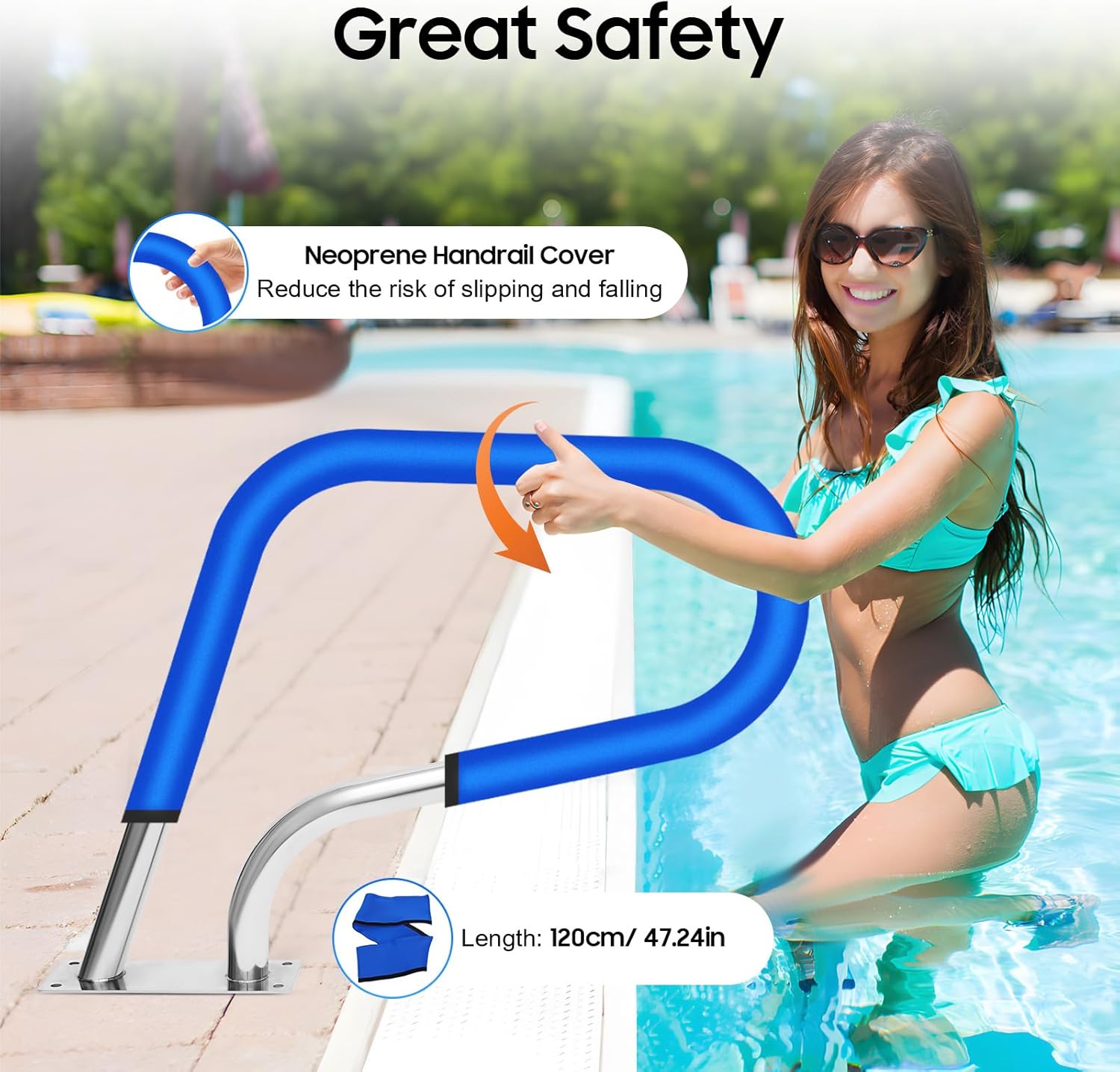 Pool Rail Pool Railing 304 Stainless Steel 264.55 LBS Load Capacity Silver U-Shaped Handrail Humanized Swimming Pool Handrail with Blue Grip Cover & Other Accessories