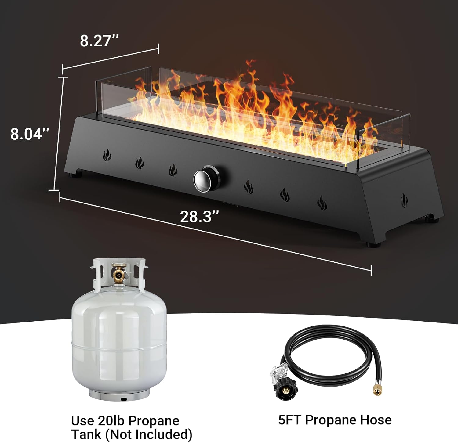 28'' Tabletop Fire Pit Table, 40,000 BTU Propane Fire Pit with Bottom Air Intake and Umbrella Hole, Outdoor Portable Fireplace Rectangular Fire Bowl w/Wind Glass Shield, Laval Rocks - Black