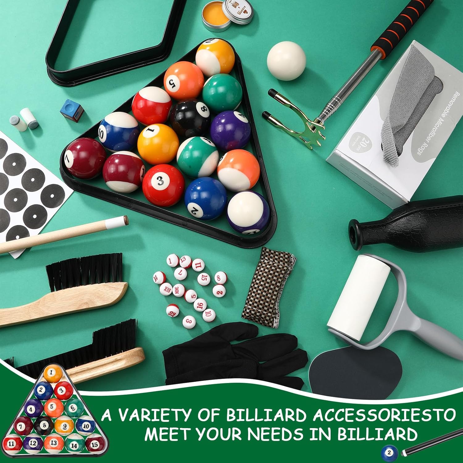Vinsot 100 Pieces Pool Table Accessories, 16 Billiard Balls, 2 Sets of Pool Cues, Triangular Diamond Ball Rack, Cue Chalk, Cue Heads and Ball Brush Set and Other Billiard Accessories