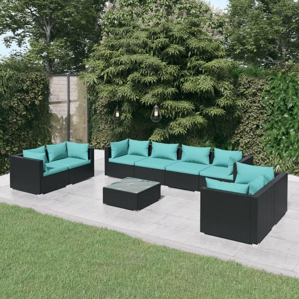 9 Piece Patio Lounge Set with Cushions Poly Rattan Black,Modern 6Piece Patio Lounge Set: Durable and Comfortable Outdoor Furniture for Relaxation Patio Furniture Sets, Outdoor Furniture Sets