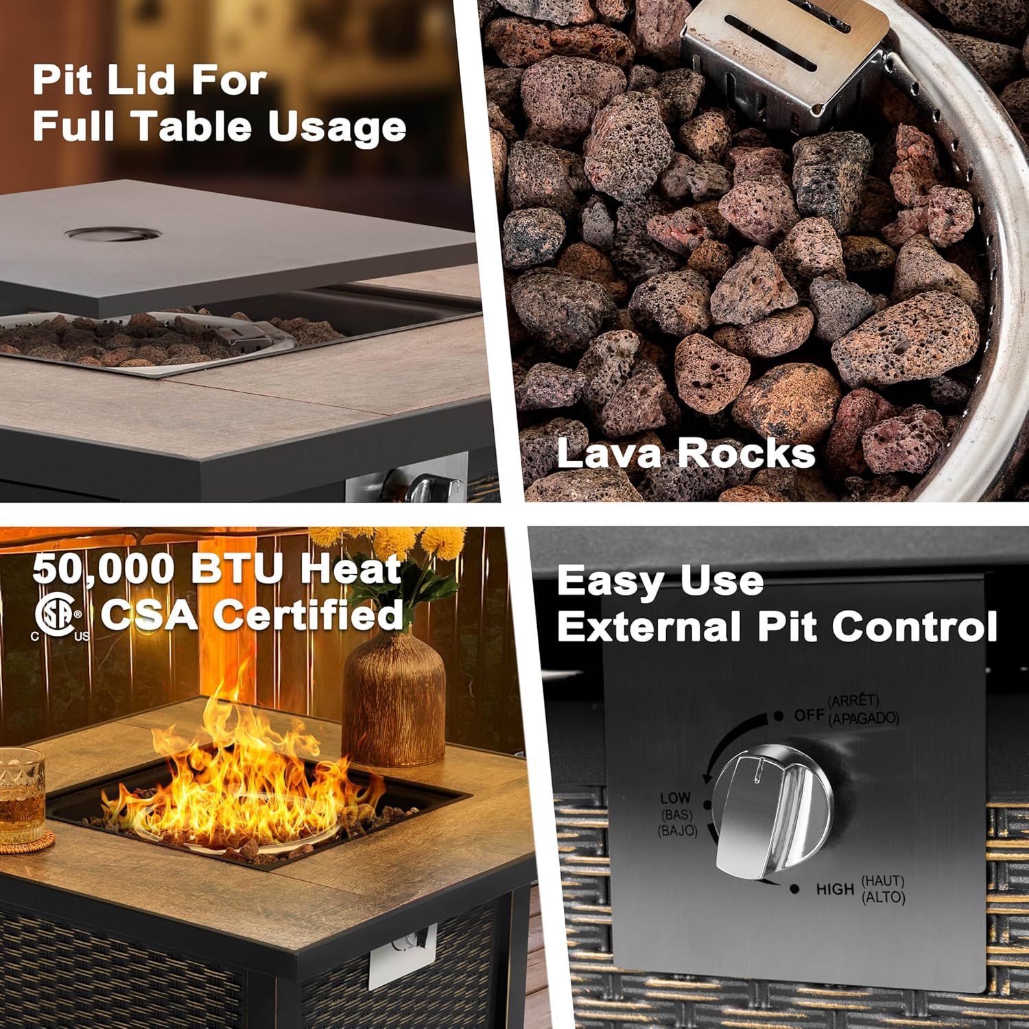 Nuu Garden 30” Propane Fire Pit, CSA-Listed Outdoor Fire Pit Table, 50,000 BTU Gas with Lid and Lava Rocks, 2-in-1 Square Fire Pit for Outside Backyard Patio, Black with Gold Edge