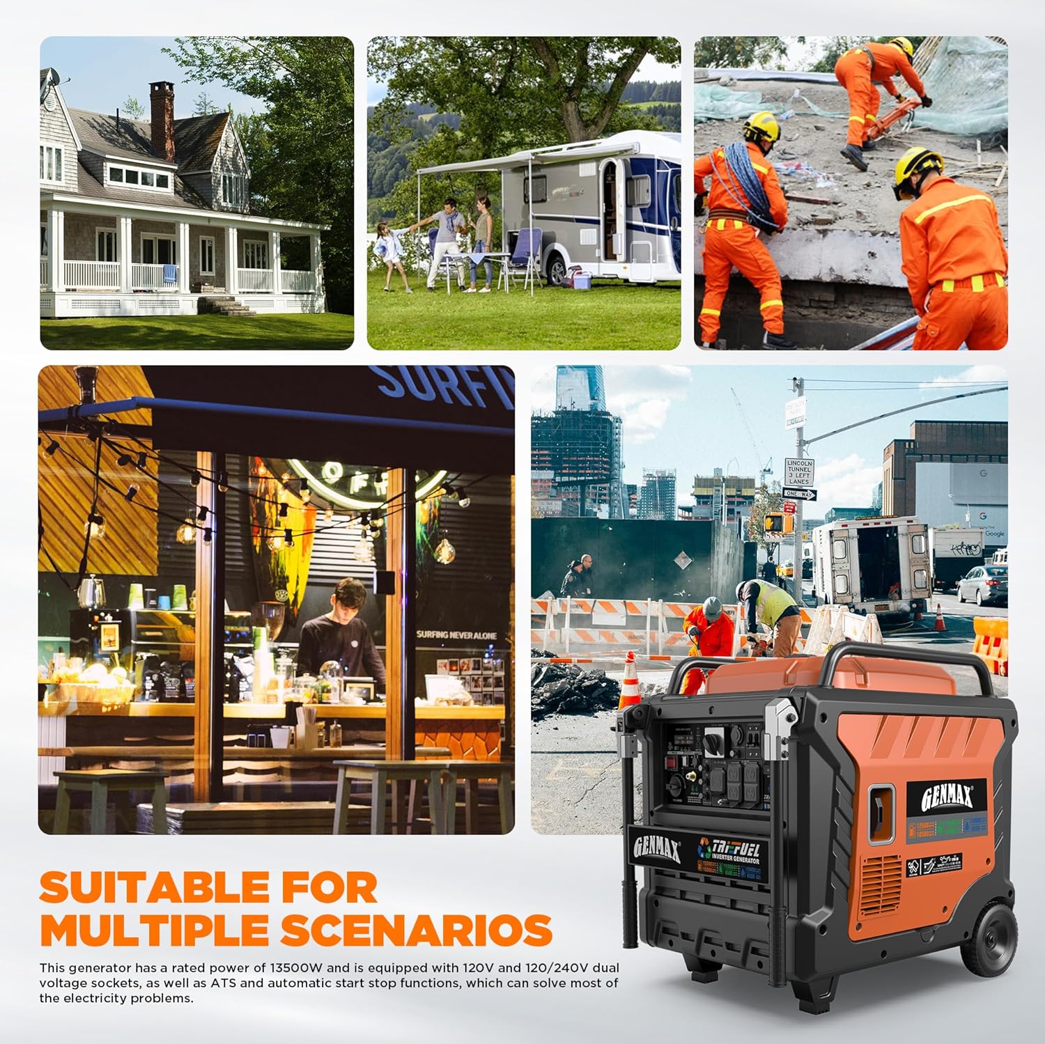 GENMAX 12500W Tri-Fuel Inverter Generator with CO Shield (2026 Model) - Quiet, 50A Outlet, 2-Wire Auto Start, Ideal for Home Backup, RV, Camping - EPA Compliant (GM12500iET)