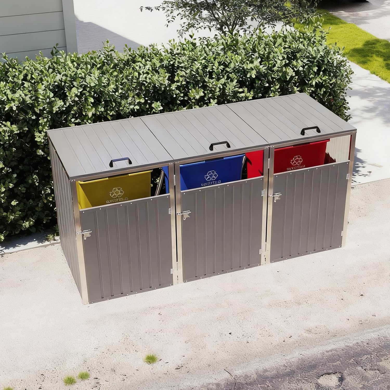 Metal Outdoor Trash Can Storage Shed, Waterproof Sheds & Outdoor Storage for 3 Trash Cans, Garbage Bin Shed Enclosure with Lockable Doors for Garden, Yard, Patio (Light Gray)