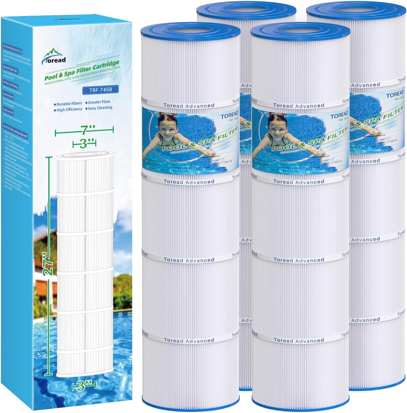 TOREAD Pool Filter Replaces Jandy CL 340, PJAN85, Ultral-A8, PP-A8, Unicel C-7459, Filbur FC-6405, Filbur FC-0800, A0557900, R0554500, Aladdin 18504, APCC7352, 4X85 sq.ft Filter Cartridge 4 Pack