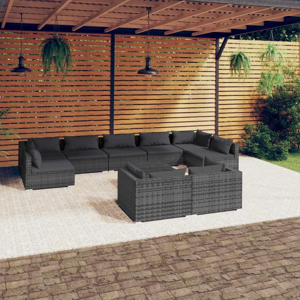 10 Piece Patio Lounge Set with Cushions Gray Poly Rattan,Versatile Patio Lounge Set: Modular Design for Ultimate Comfort Patio Furniture, Outdoor Furniture Sets