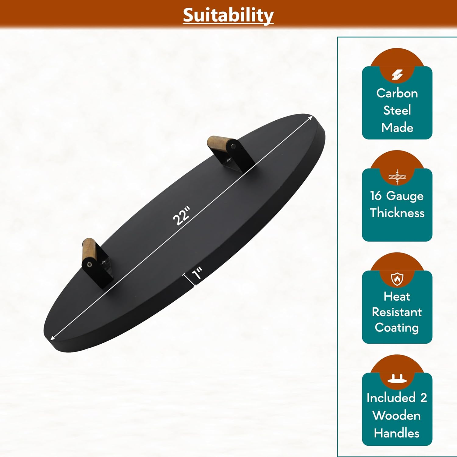 22” firepit lid Round for Inside up to 20” Gas fire Pit lid for Outdoor Fireplace Cover Lid Steel fire Pit Metal Cover W/ 2 Wooden Handles & Heat Resistant Snuffer Lid for Round Patio Fire Pit Ring