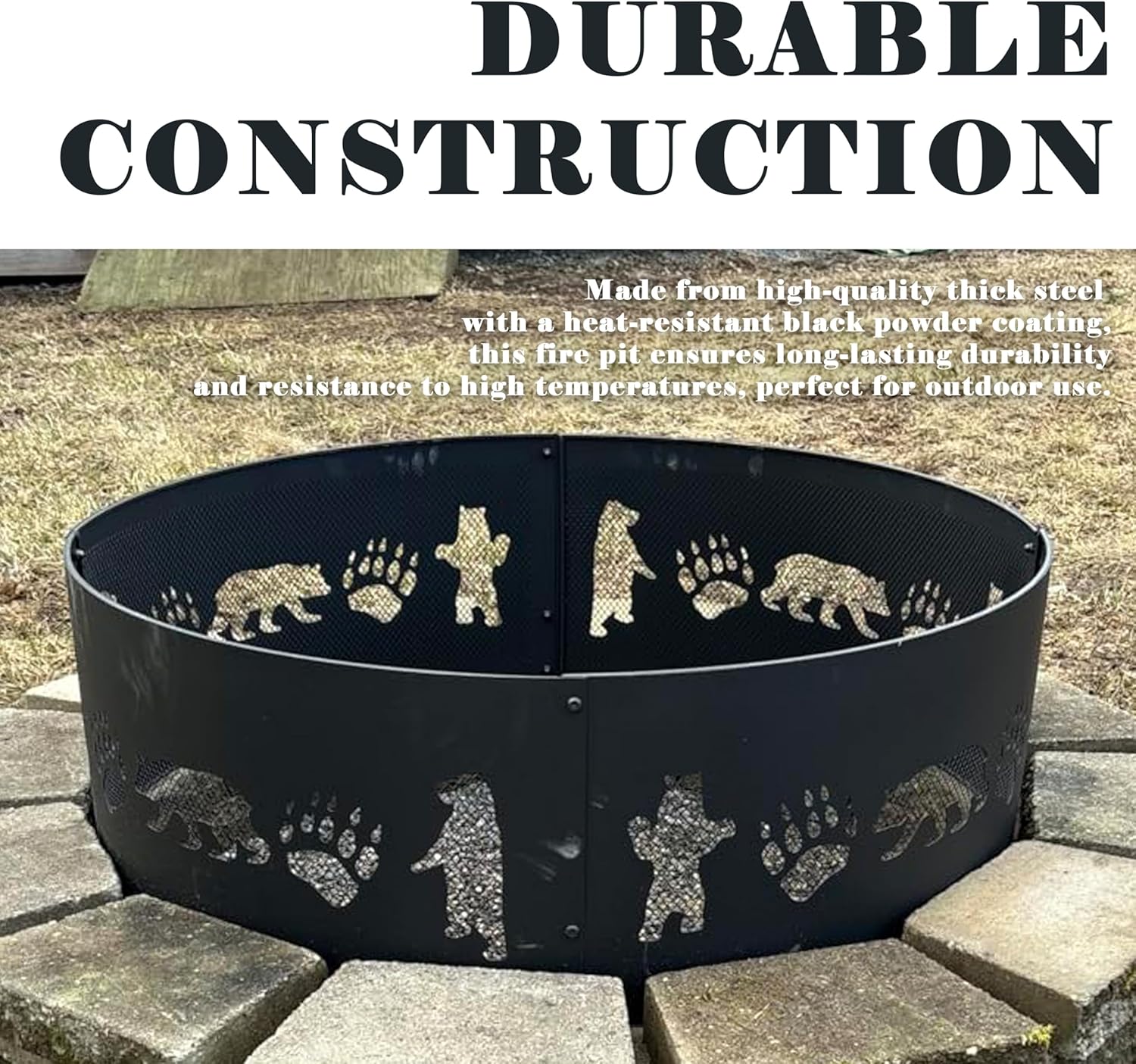 Cuisiland Outdoor Fire Pit Ring, 36 Inch Heavy-Duty Steel Fire Ring with Bear & Paw Print Cutout, Wood Burning Fire Pit Liner for Backyard, Camping, Bonfire & Patio, Rust-Resistant & Easy Assembly