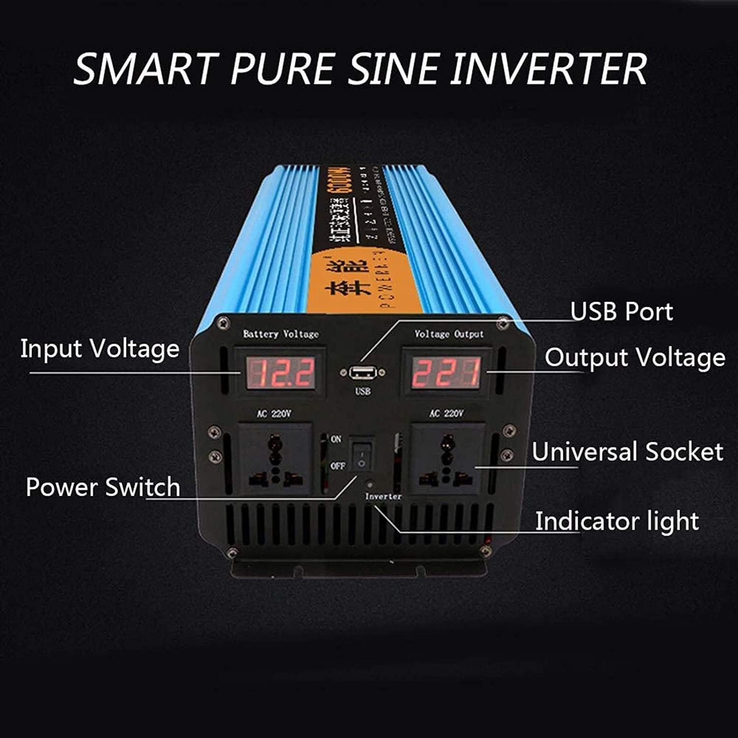 4000w Peak Value 8000w Pure Sine Wave Voltage Inverter Converter Car Power Inverter Dc 12v 24v to Ac 230v with LCD Display and USB Connection + 2AC Sockets + Remote Controlay,24V