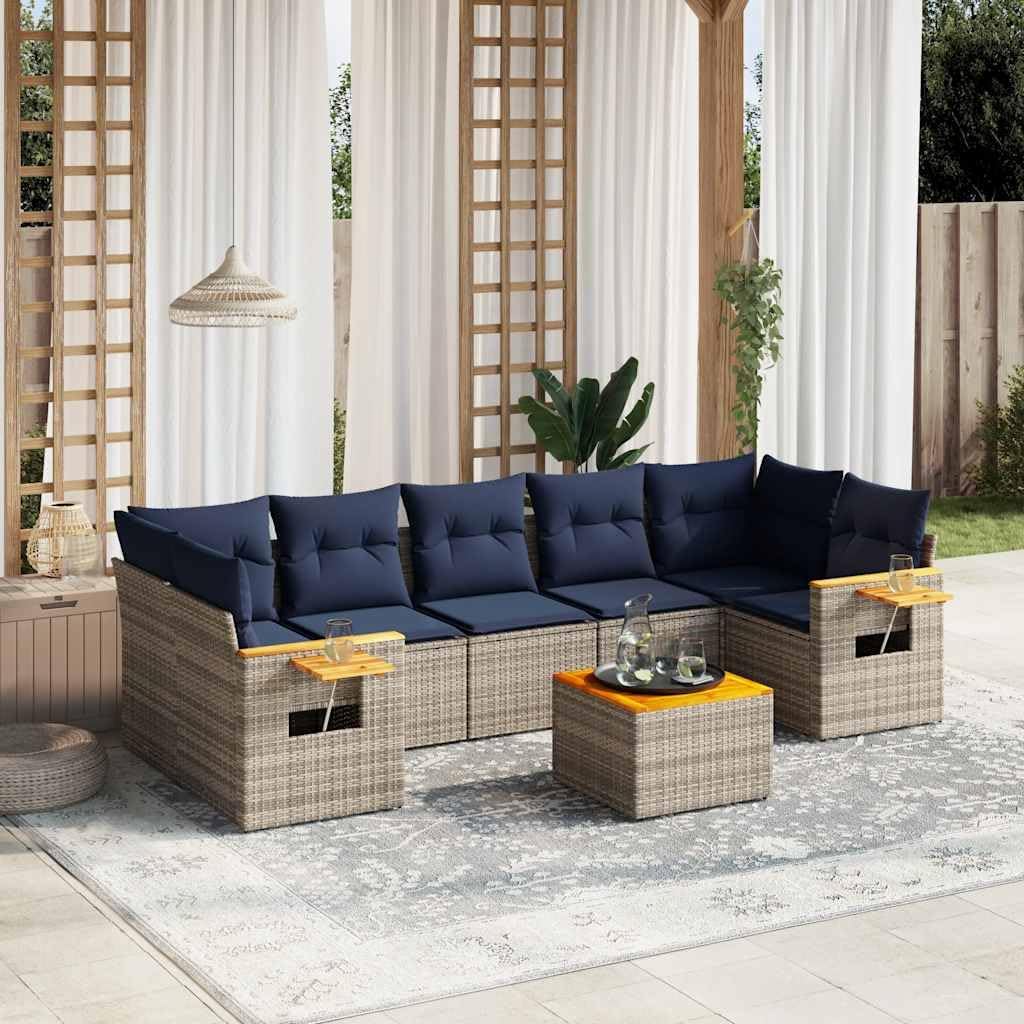 8 Piece Patio Sofa Set with Cushions, Grey Poly Rattan Outdoor Furniture, Acacia Wood Tabletop, Modular Design for Backyard, Terrace, Balcony