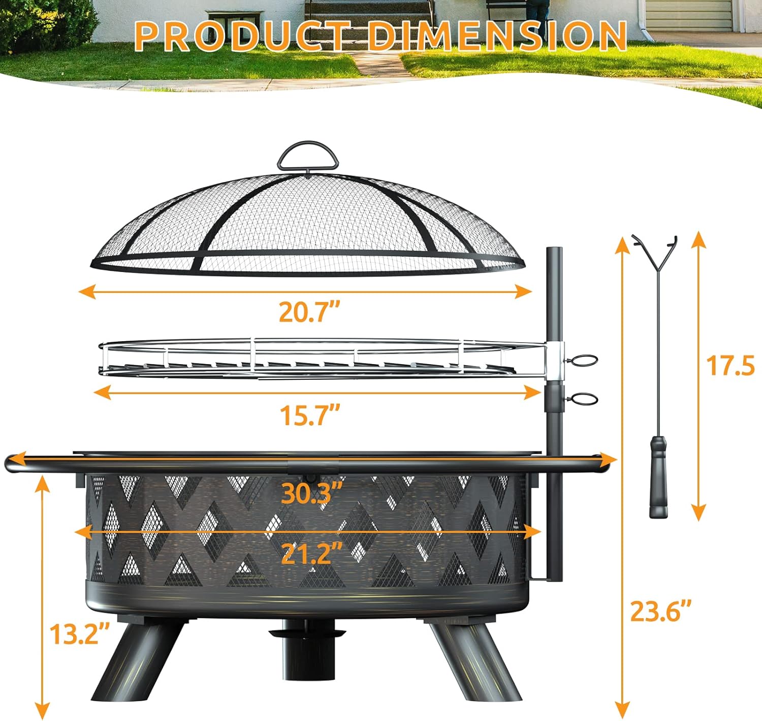 Amopatio Fire Pit with Mat & Cover, 30 Inch Large Outdoor Wood Burning Fire Pits, Patio Backyard Firepit with Steel BBQ Grill Cooking Grate, Spark Screen & Poker for Garden, Bonfire, Camping, Picnic