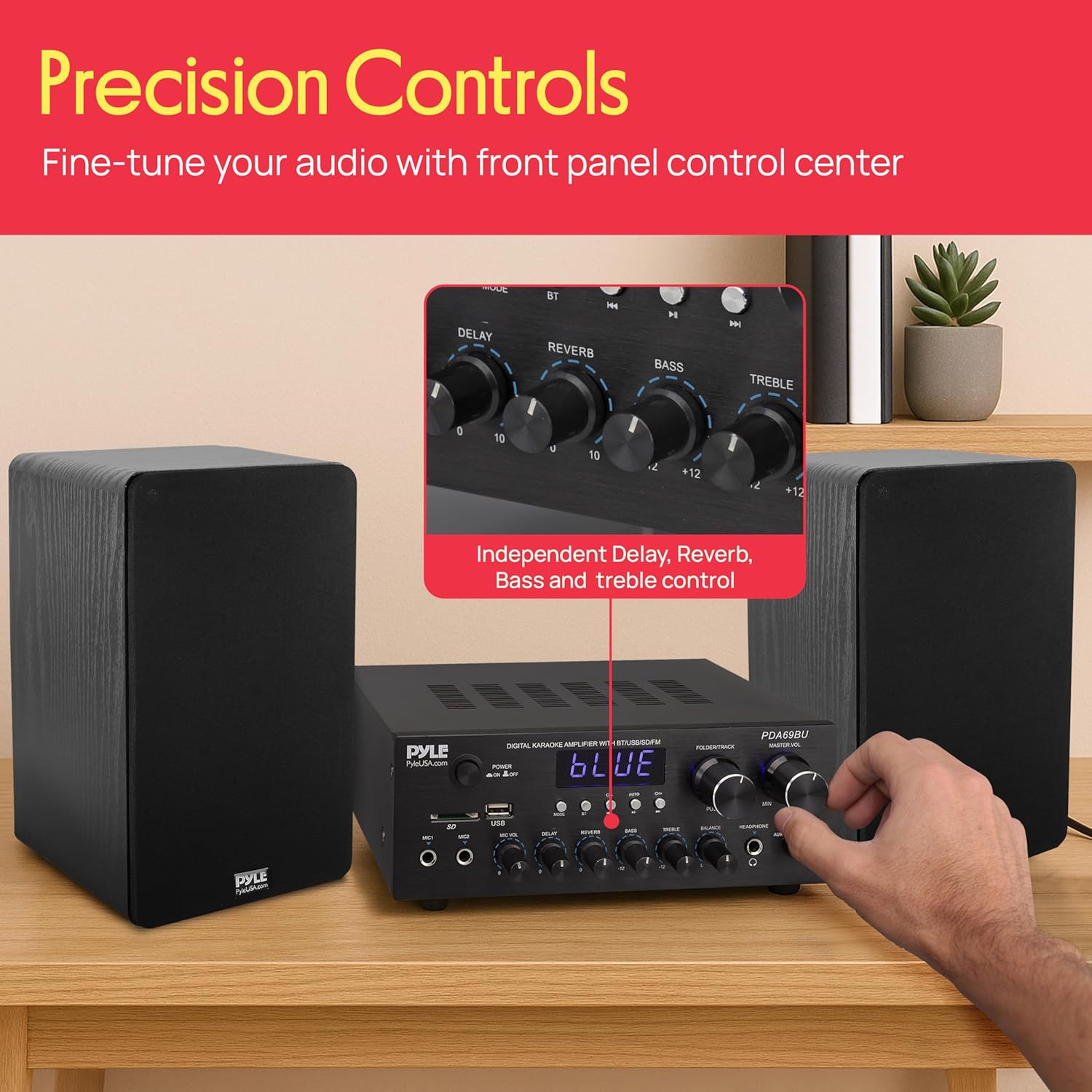 Pyle Stereo Amplifier Audio Receiver with Bluetooth Streaming, 200 Watt Peak, 2.0 Channel HiFi Sound System with MP3/USB/SD/FM Radio, RCA/Aux Inputs, Mic and Headphone Jacks, Rotary Vol Bass Treble