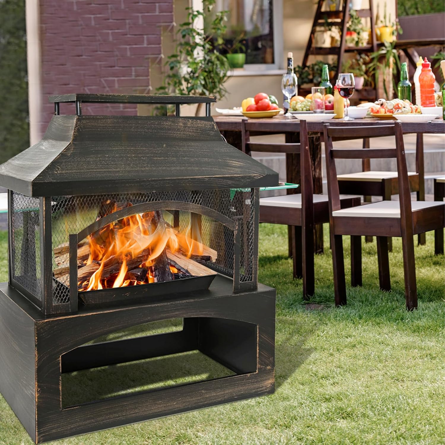 Outdoor Fire Pit Wood Burning Fireplace, Large Log Burner Firepit with Log Grate and Poker, Metal Firepit for Patio Garden Backyard Outside, 37 x 32 x 18 inch