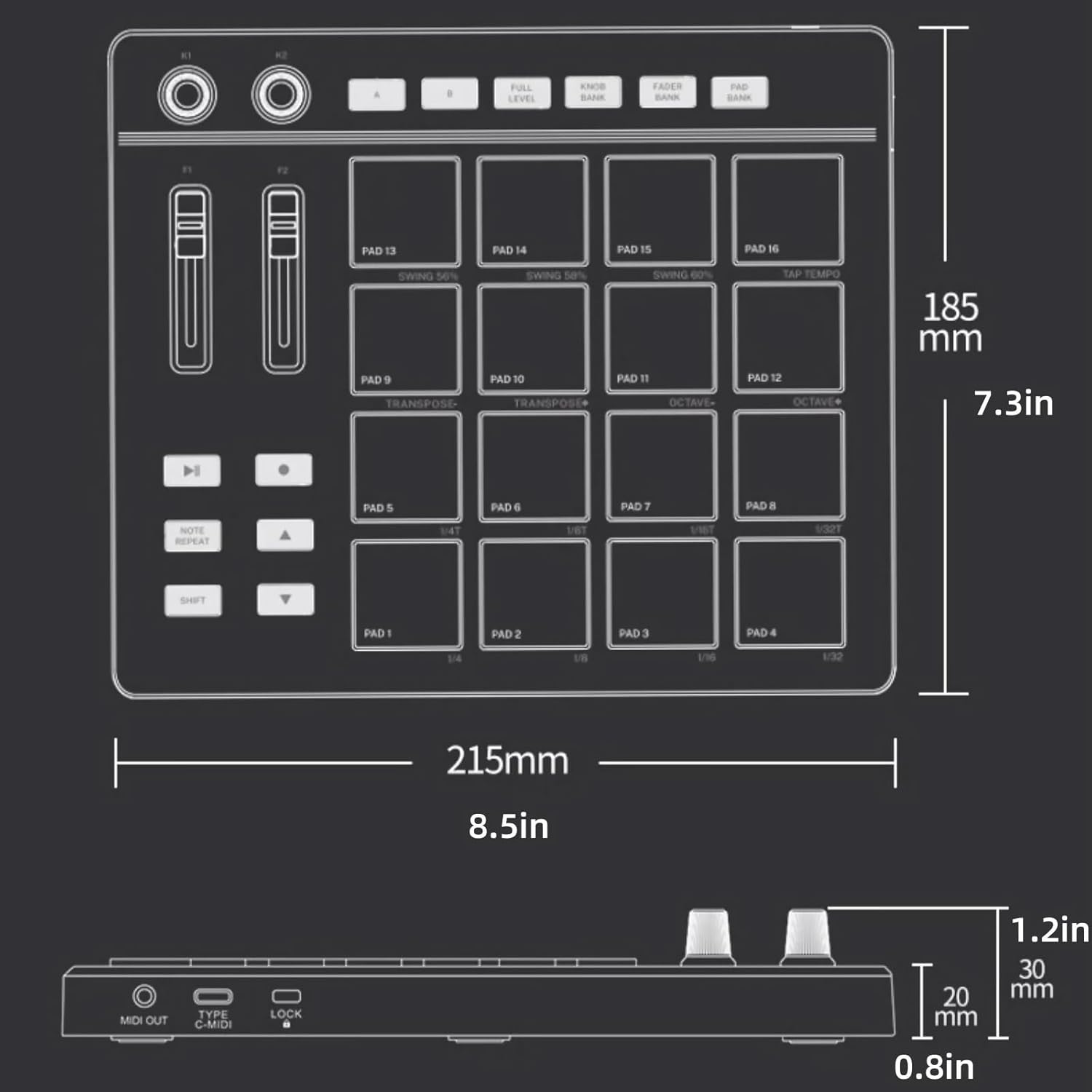 MIDI Strike Pad Controller with 16 Beat Pads Force Sensing RGB Light Anti-Theft Lock Hole Lock Slot Design
